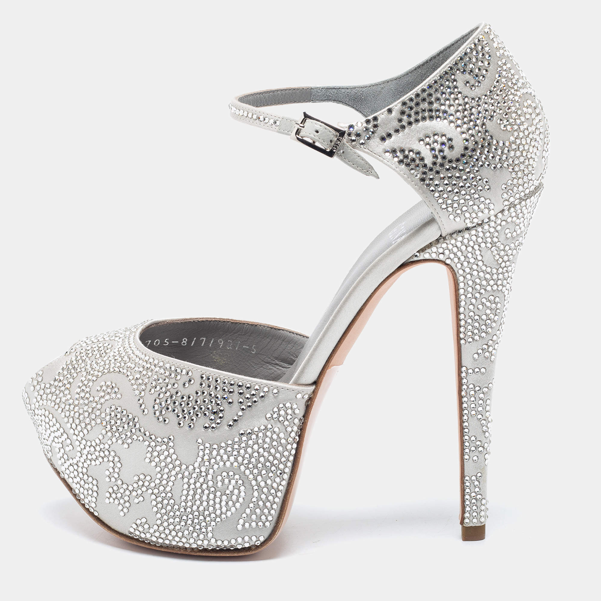 Gina Silver Satin Crystal Embellished Hester Peep Toe Ankle Strap Pumps Size 38