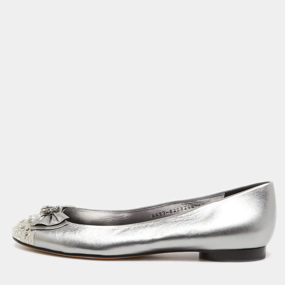 Pre Owned Gina Metallic Two Tone Leather and Satin Crystal Embellished Cap Toe Bow Ballet Flats Size 39.5