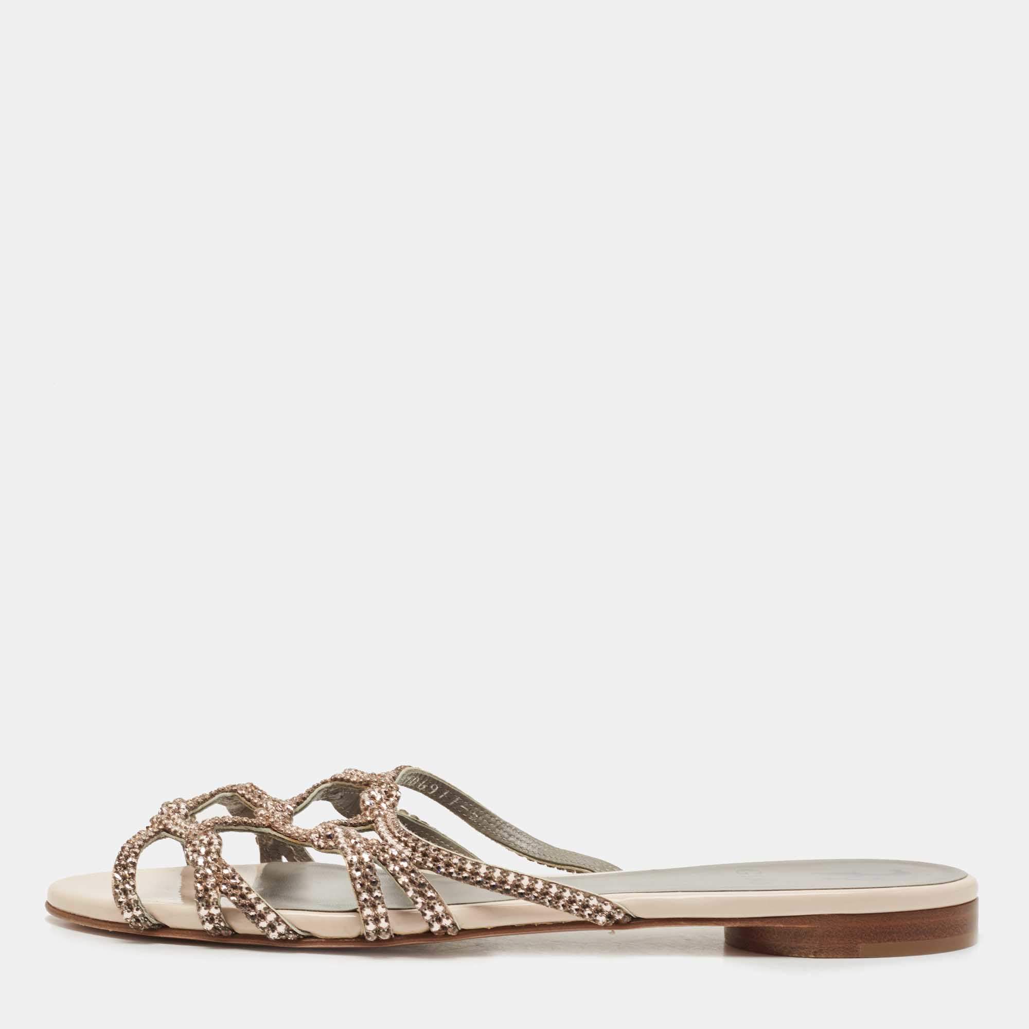 Pre Owned Gina Beige Patent Leather Crystal Olson Flat Slides Size 39 