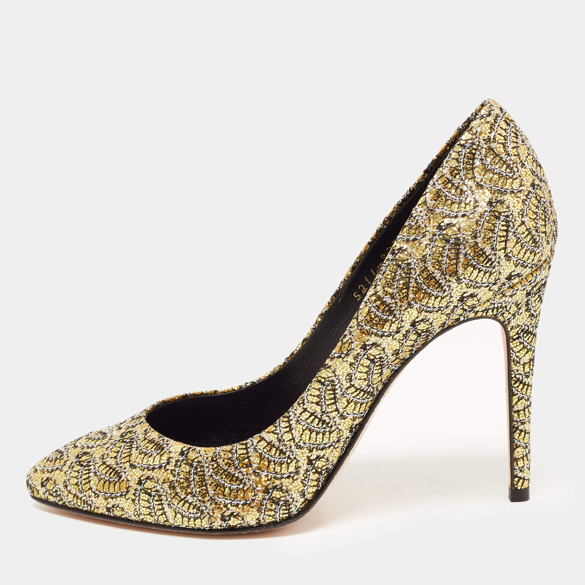 Pre Owned Gina Metallic Gold/Silver Glitter Lace Pointed Toe Pumps Size 38.5