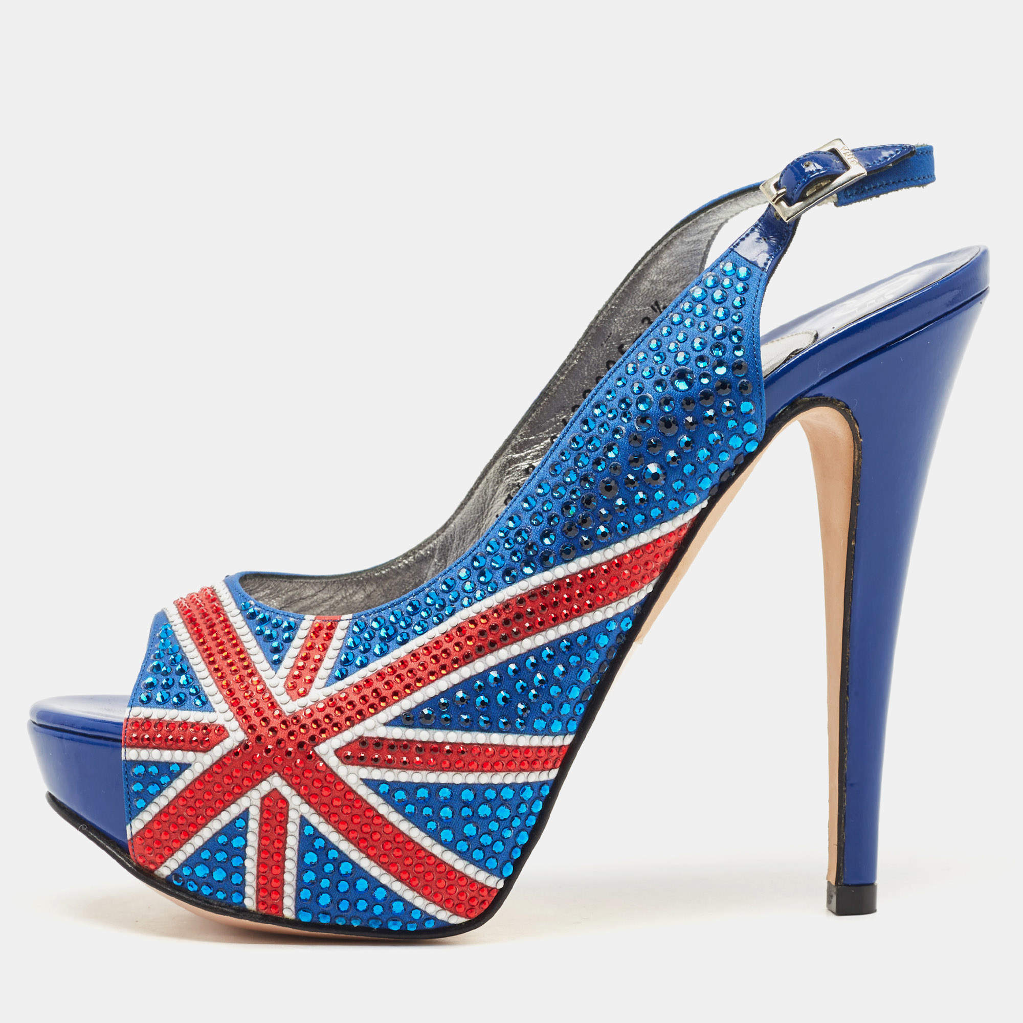 Pre Owned Gina Blue Crystal Embellished Satin Union Jack Slingback Sandals Size 36.5