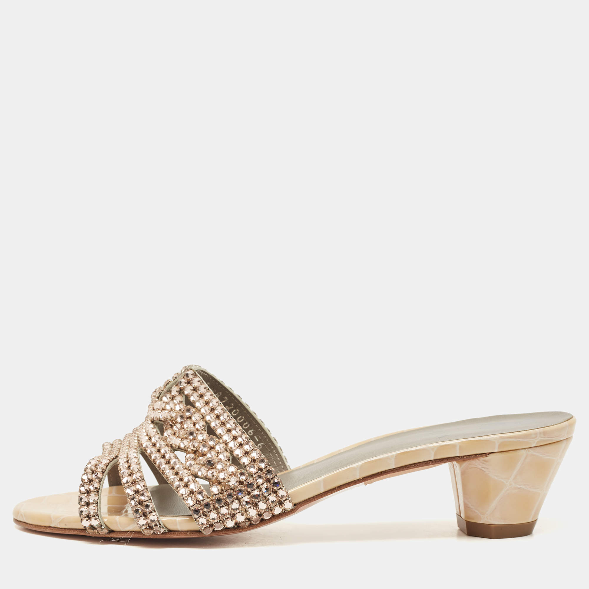 Pre Owned Gina Pink/Beige Crystal Embellished Leather Slide Sandals Size 39