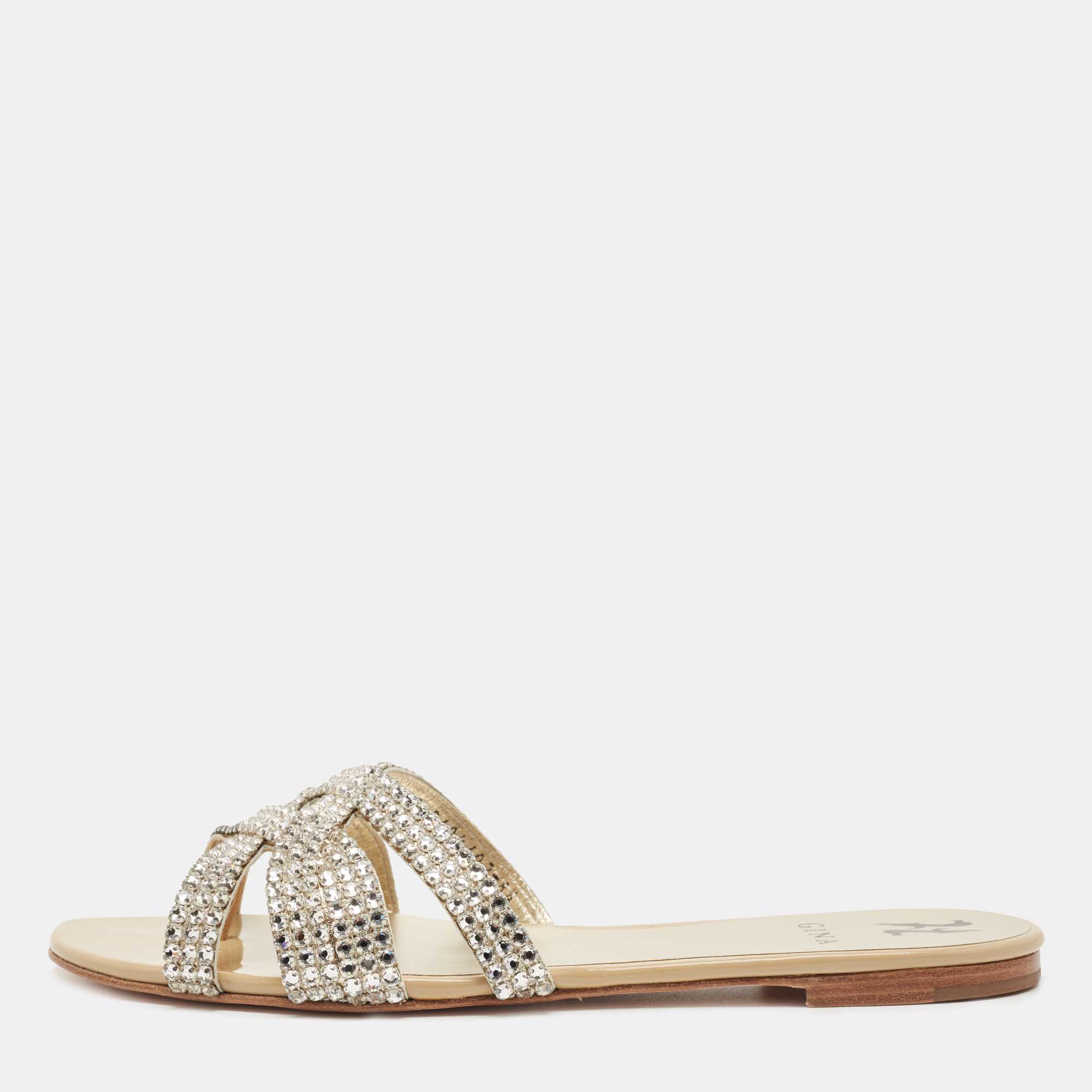 مملوكة مسبقًا Gina Silver Crystal Embellished Leather Thong Flat Slides Size 41.5