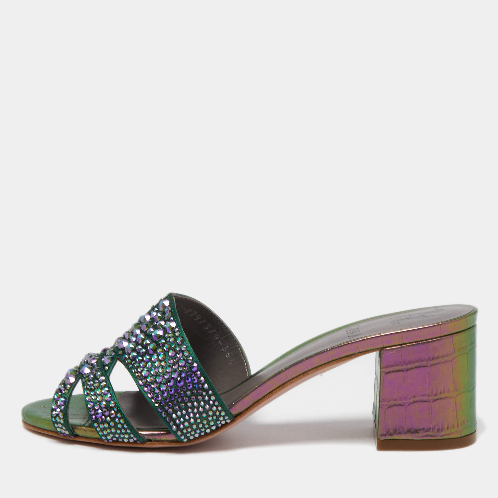 مملوكة مسبقًا Gina Multicolor Croc Embossed Leather Embellished Slides Size 36.5