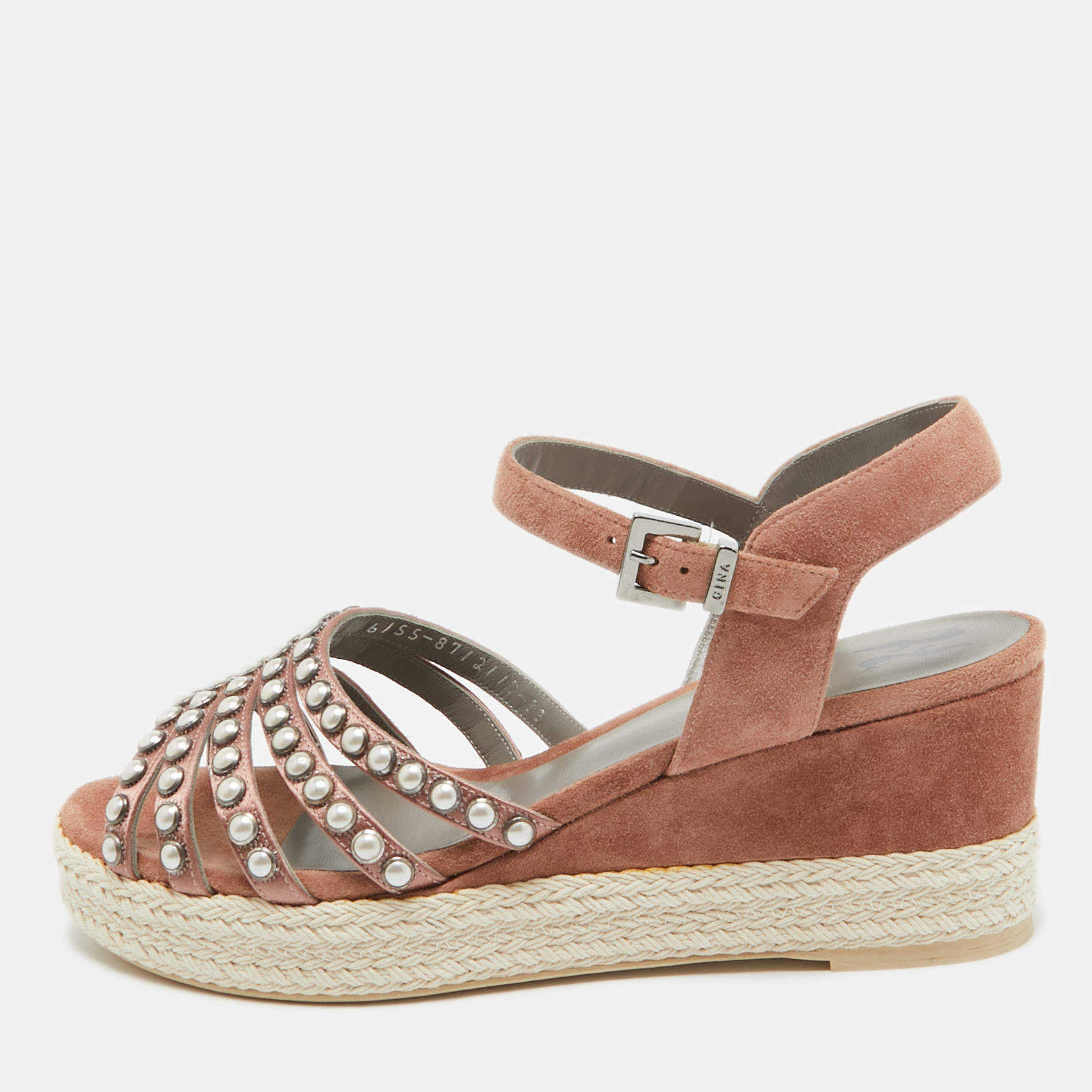 Pre Owned Gina Pink Studded Satin and Suede Wedge Ankle Strap Sandals Size 38