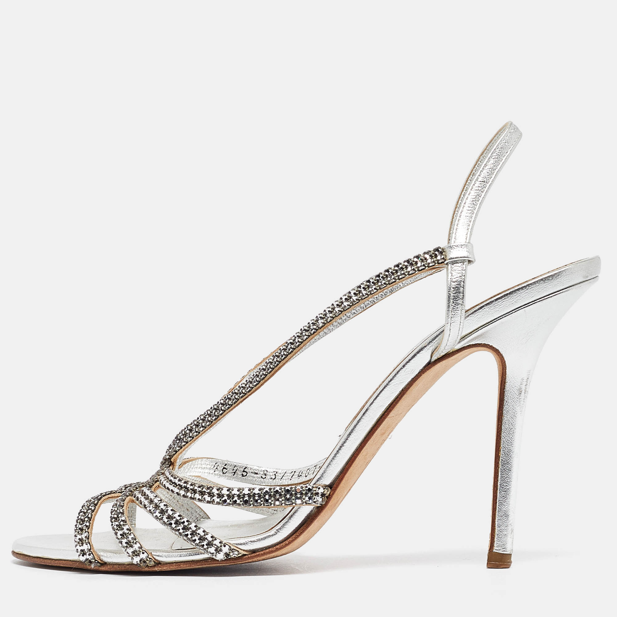 مملوكة مسبقًا Gina Silver Crystal Embellished Leather Slingback Sandals Size 39.5 