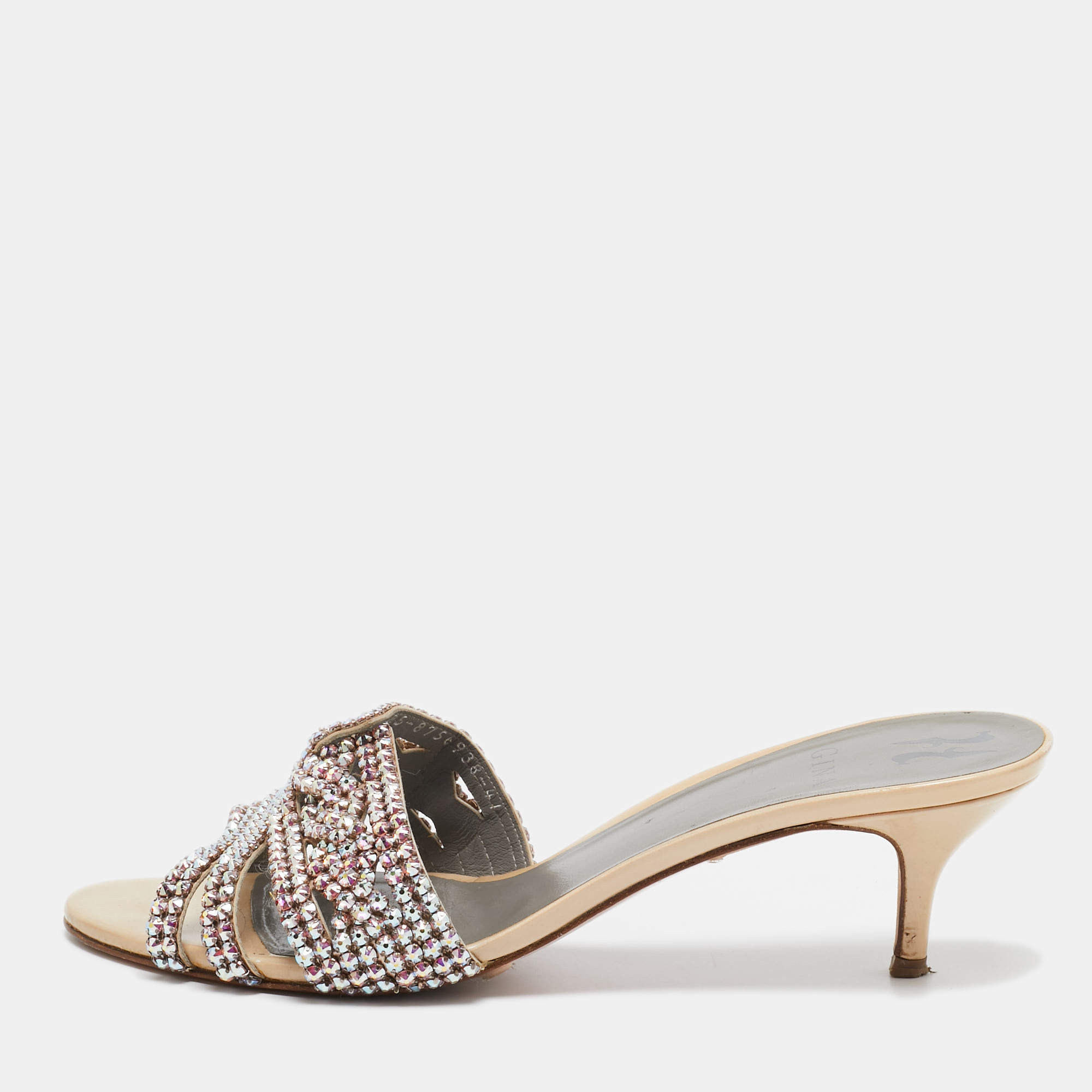 Pre Owned Gina Beige Leather and Patent Crystal Embellished Slide Sandals Size 41