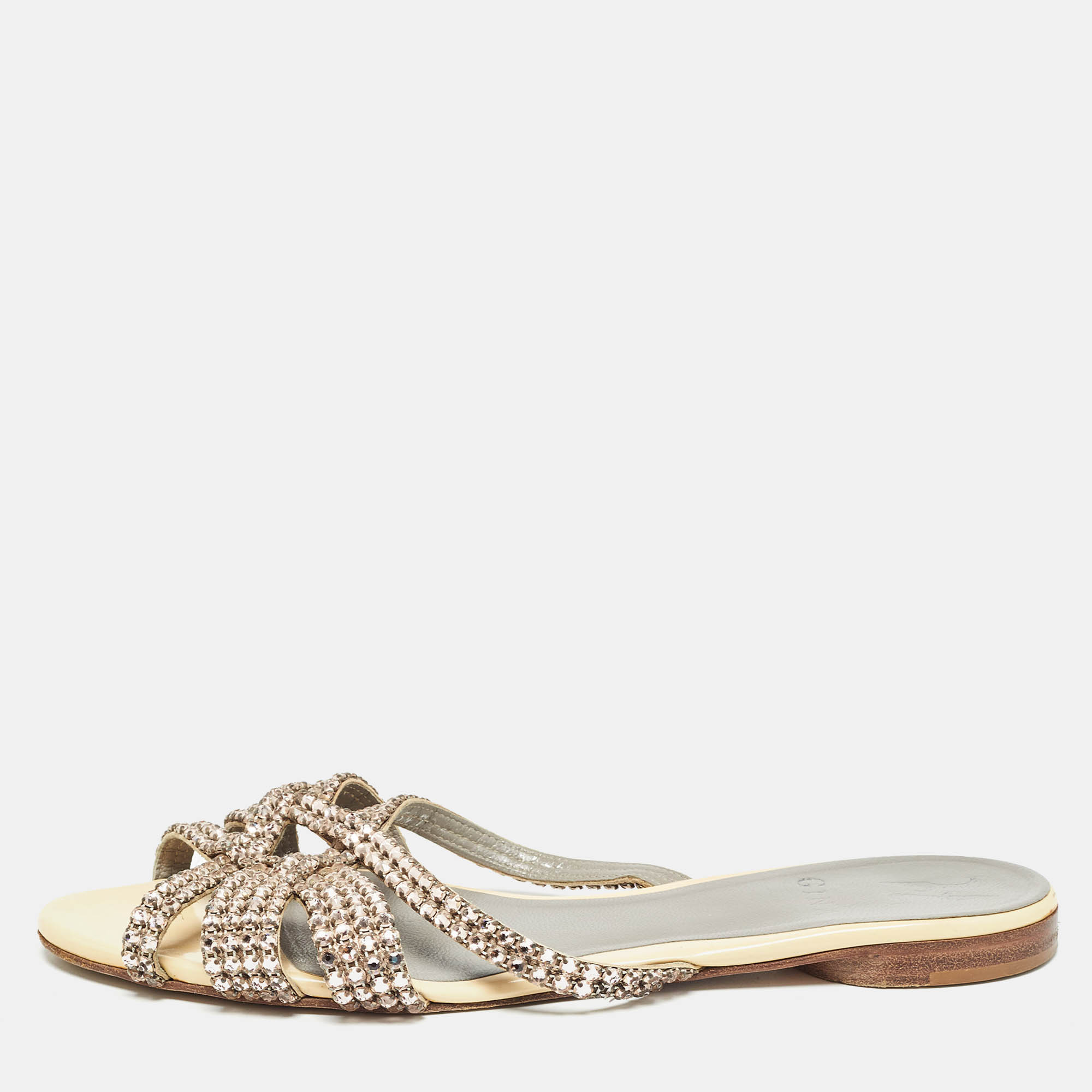 Pre Owned Gina Beige Patent Leather Crystal Embellished Flat Sandals Size 39