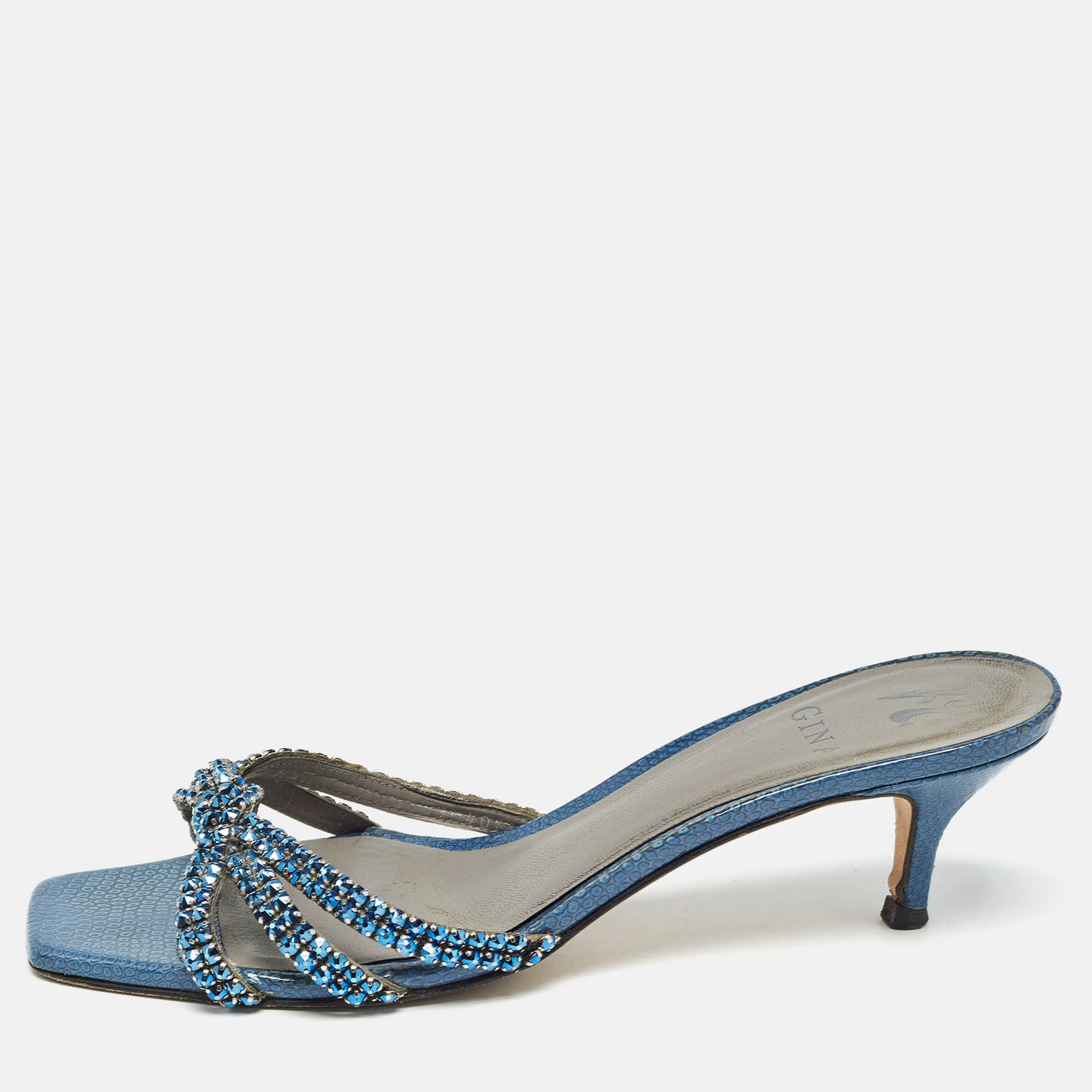 Pre Owned Gina Blue Crystal Embellished Leather Slide Sandals Size 40.5