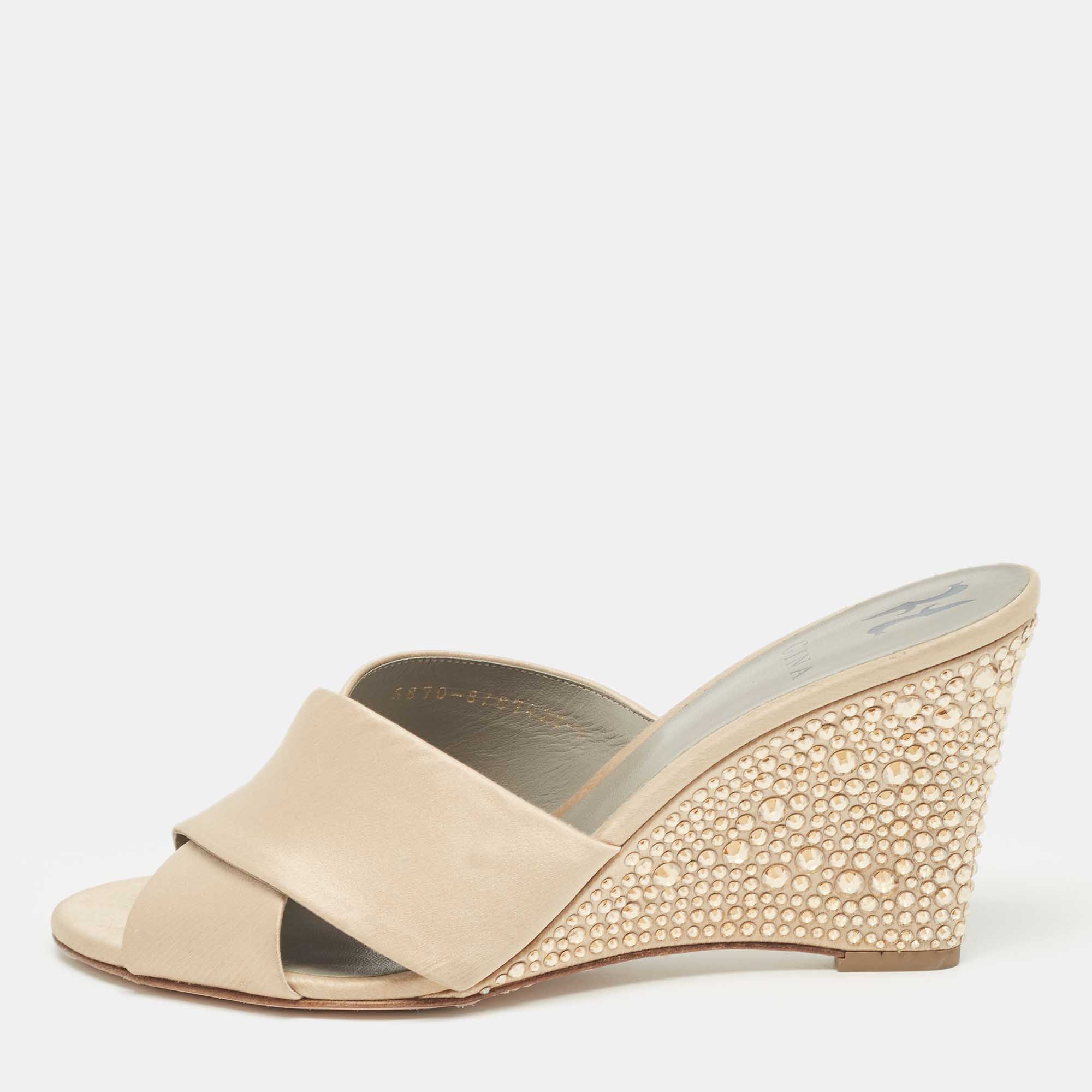 Pre Owned Gina Beige Satin Crystal Embellished Wedge Sandals Size 41
