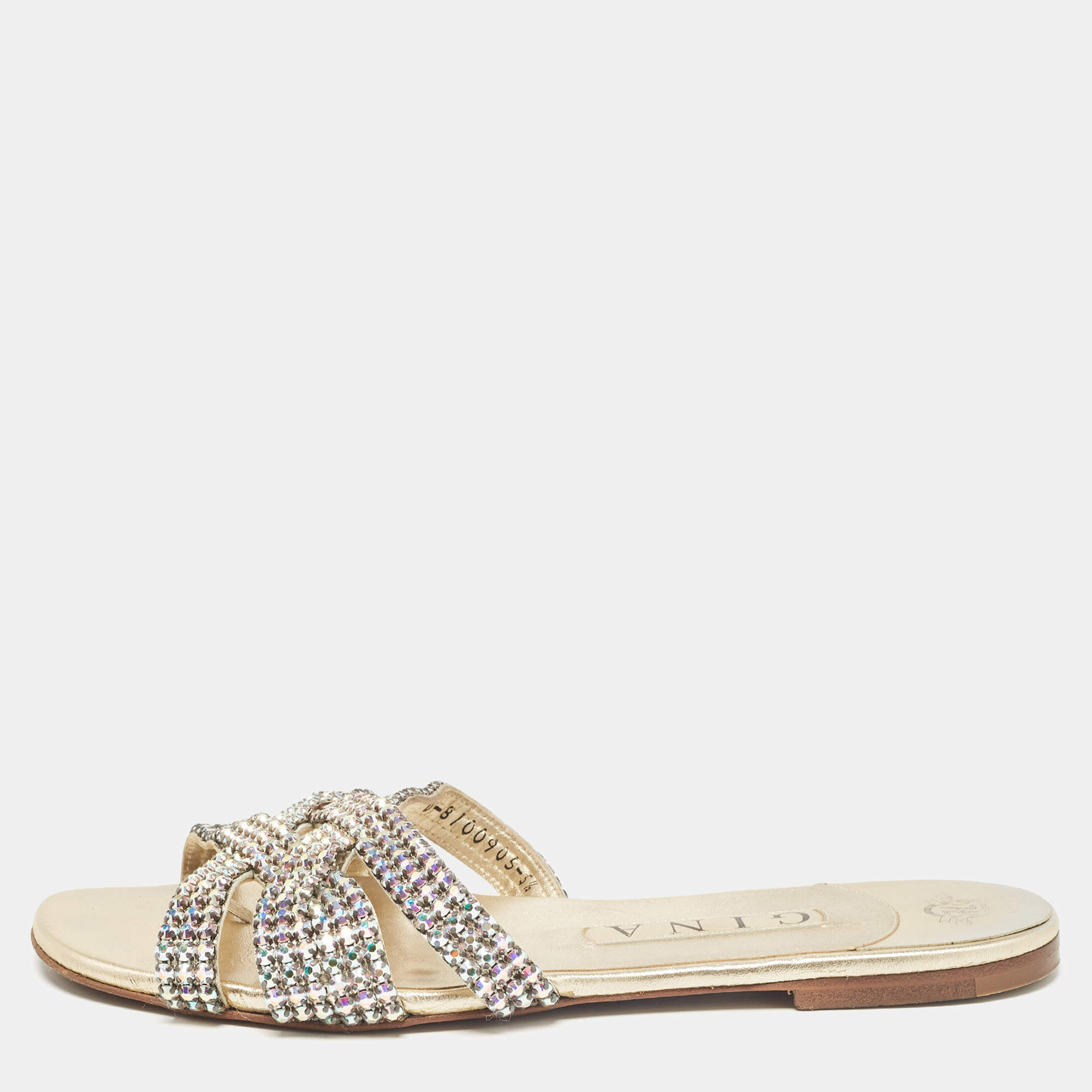 Gina Metallic Crystal Embellished Leather Thong Flats Size 38.5