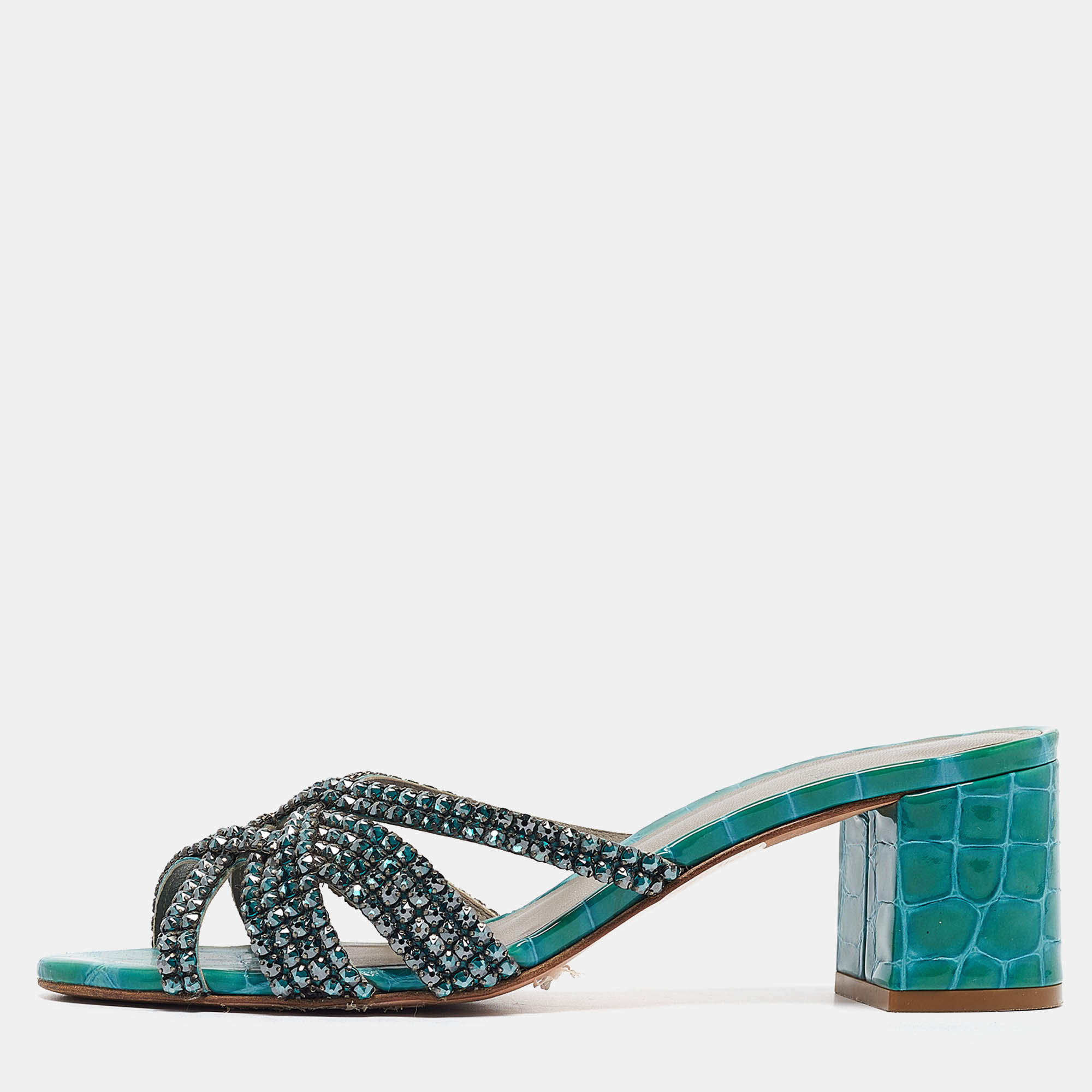 Gina Green Croc Patent Embossed Dexie Slide Sandals Size 38