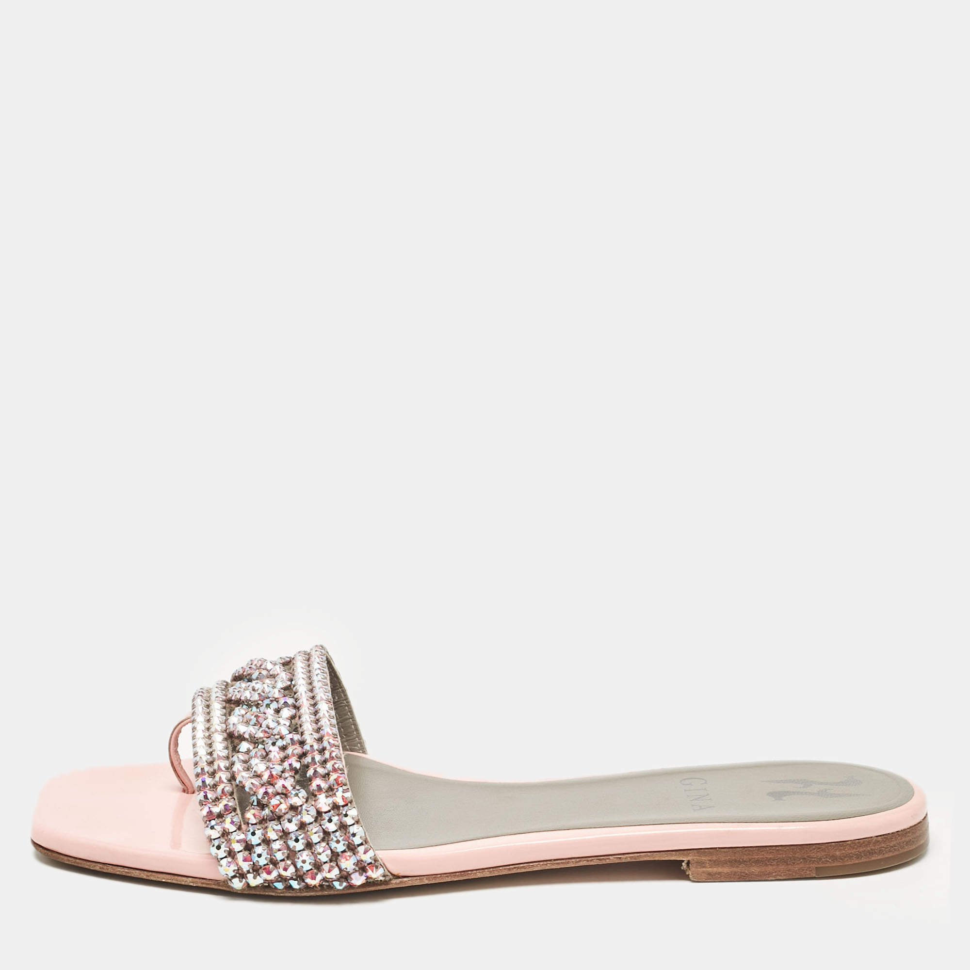 مملوكة مسبقًا Gina Pink Crystal Embellished Leather Flat Slides Size 37