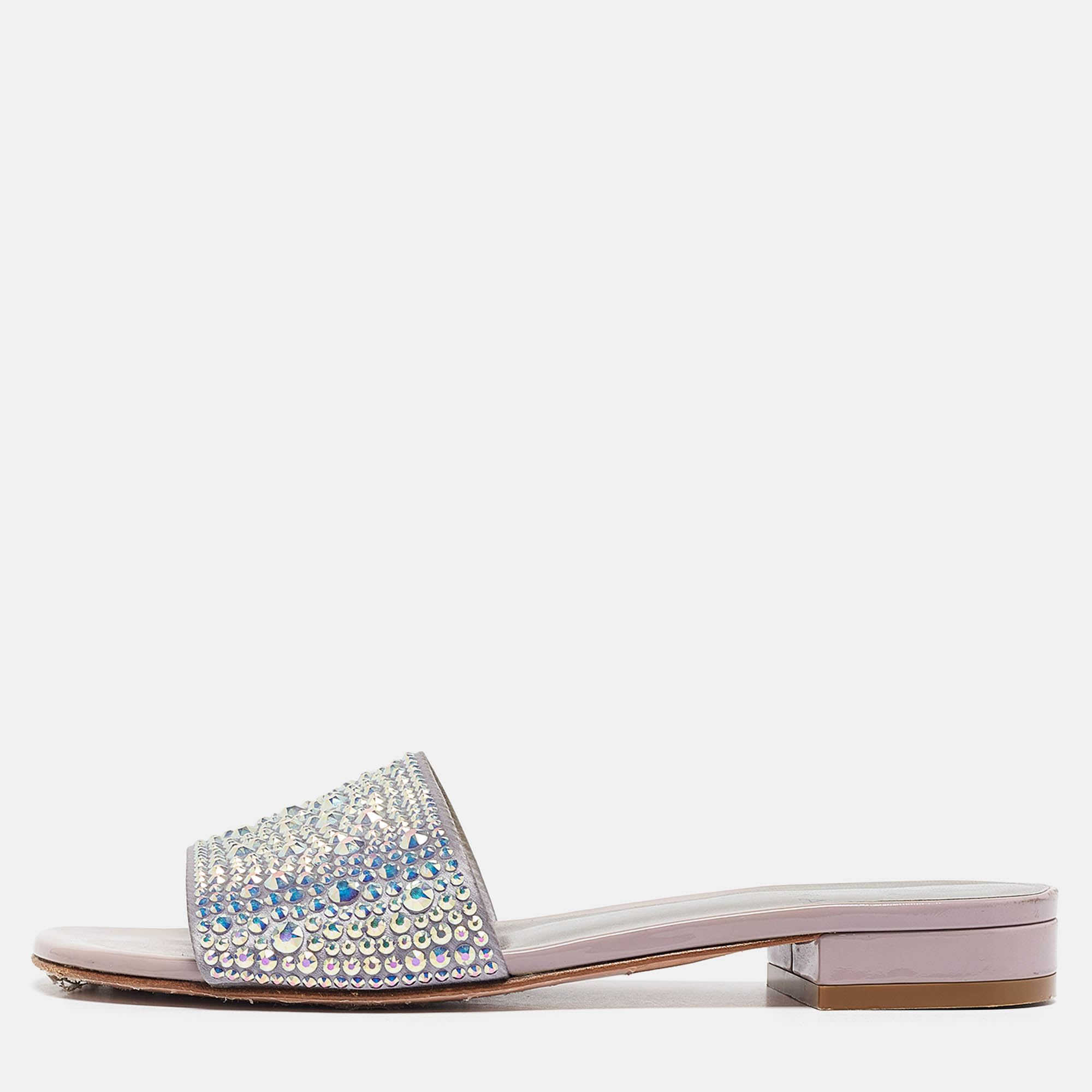 مملوكة مسبقًا Gina Grey/Purple Leather Crystal Embellished Flat Slides Size 37.5