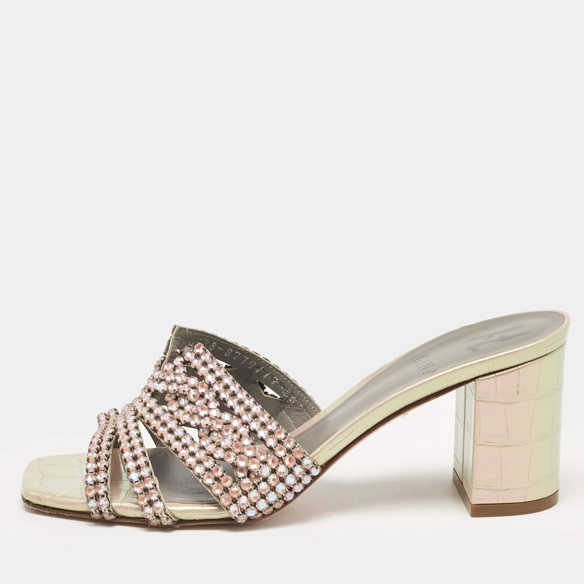 مملوكة مسبقًا Gina Pink Crystal Embellished Leather Slide Sandals Size 36