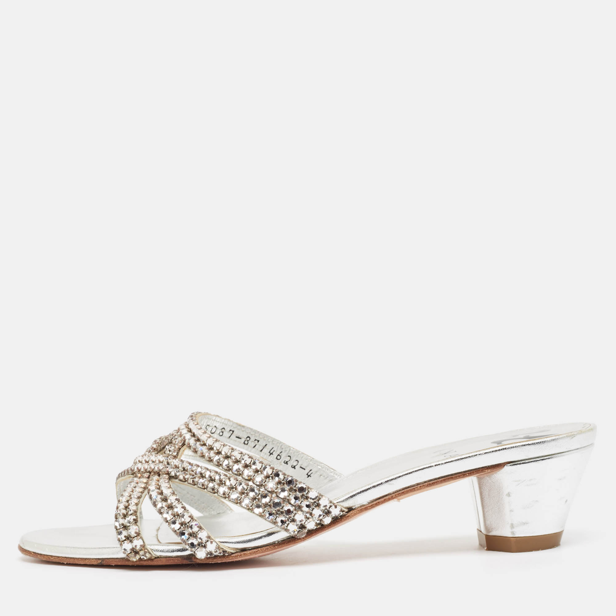 مملوكة مسبقًا Gina Silver Leather Crystal Embellished Gabriella Slide Sandals Size 37