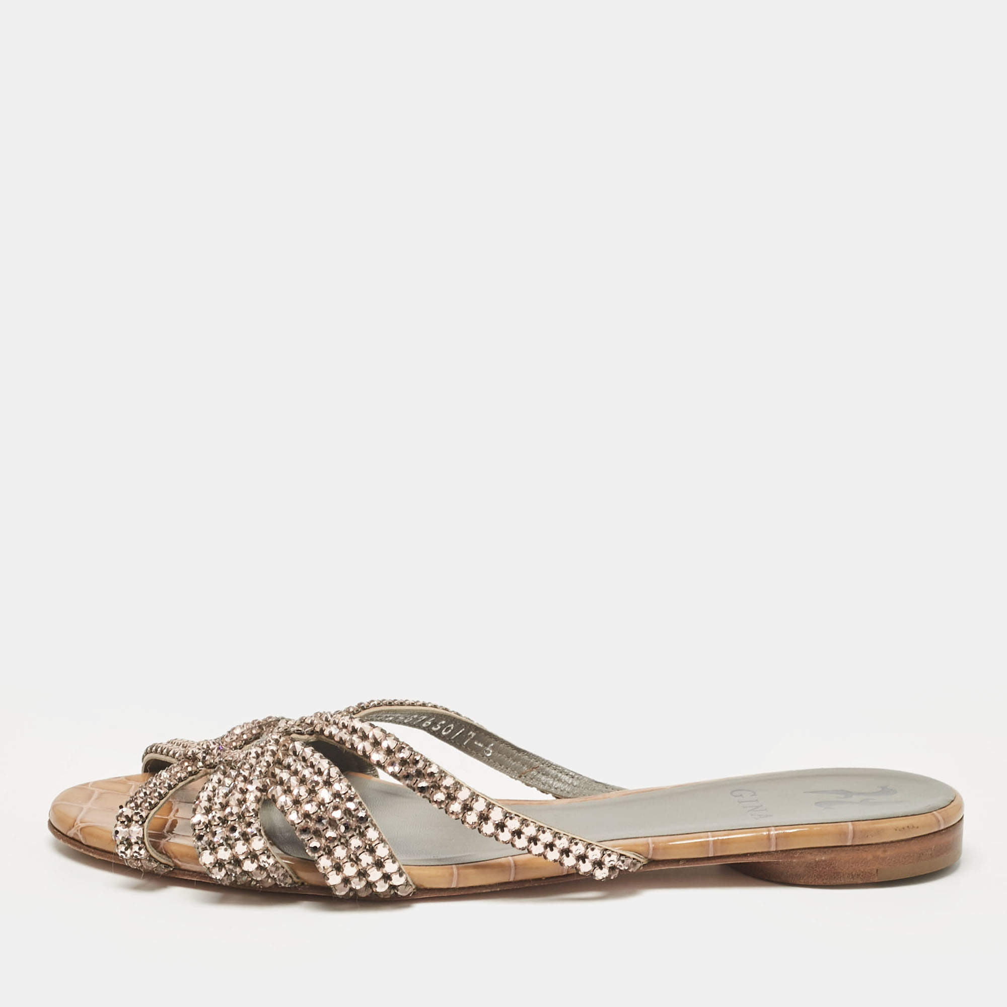 Pre Owned Gina Pink/Brown Crystal Embellished Leather Flat Slides Size 39