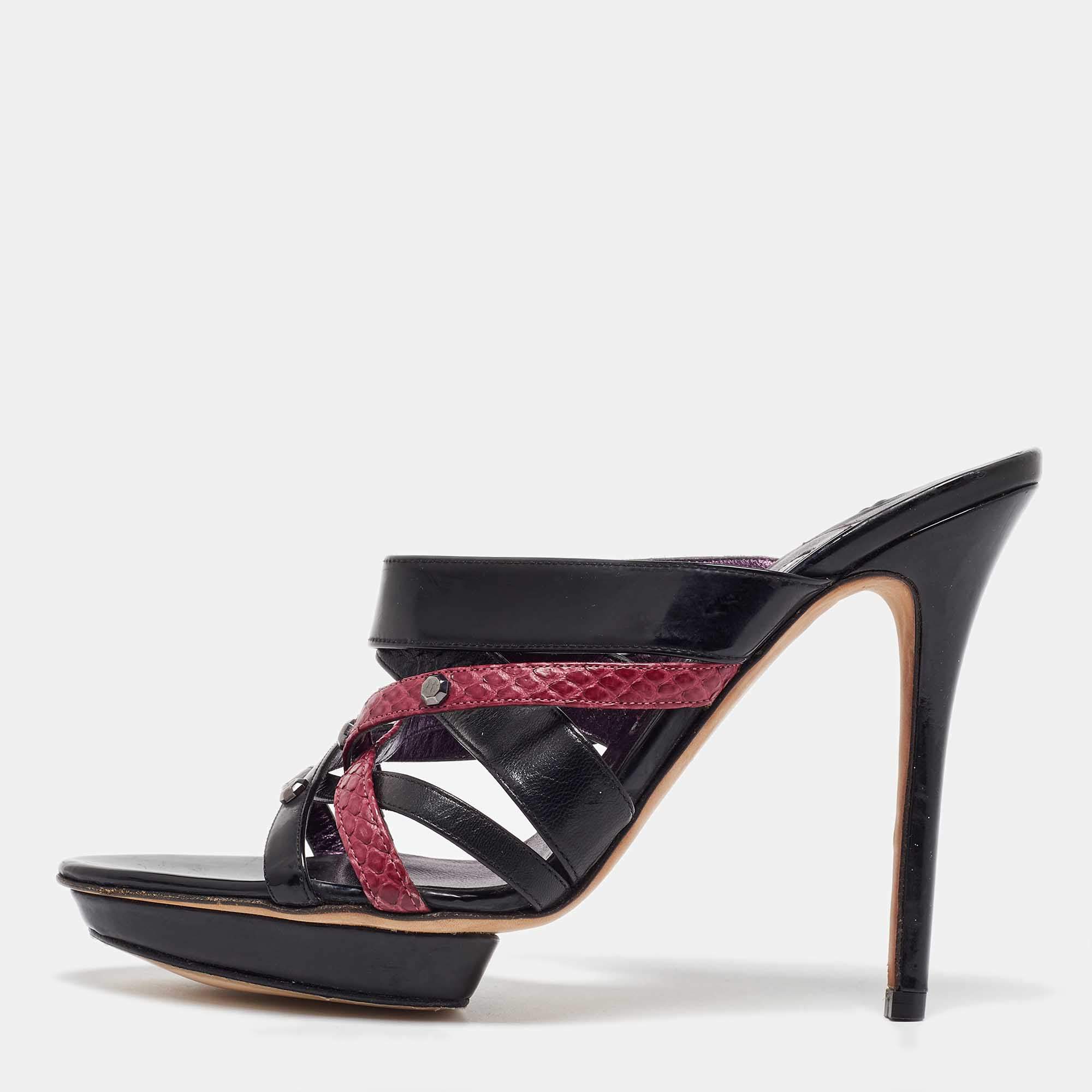 Gina Black/Maroon Leather and Snakeskin Strappy Platform Sandals Size 40