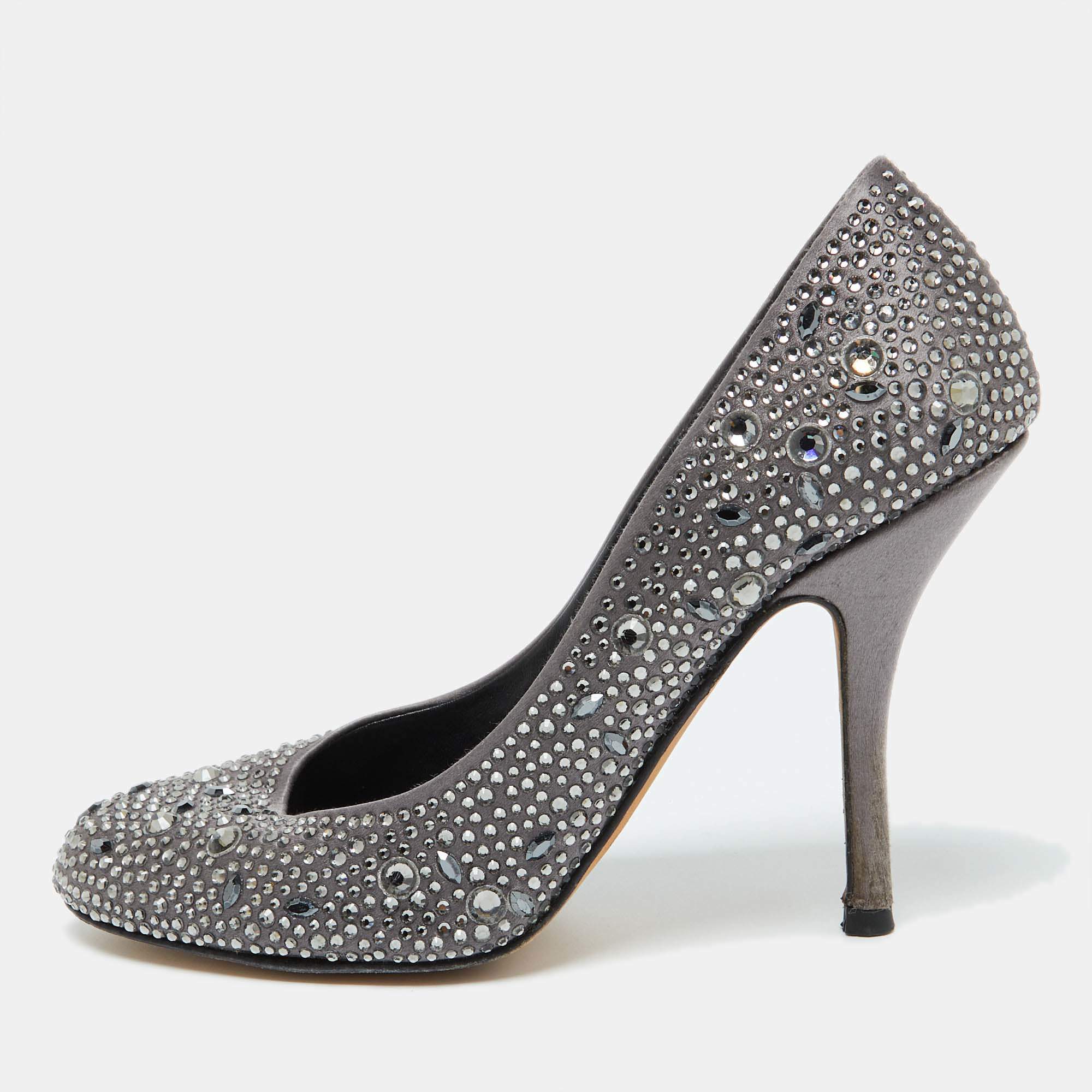 Gina Dark Grey Satin Crystal Embellished Pumps Size 38