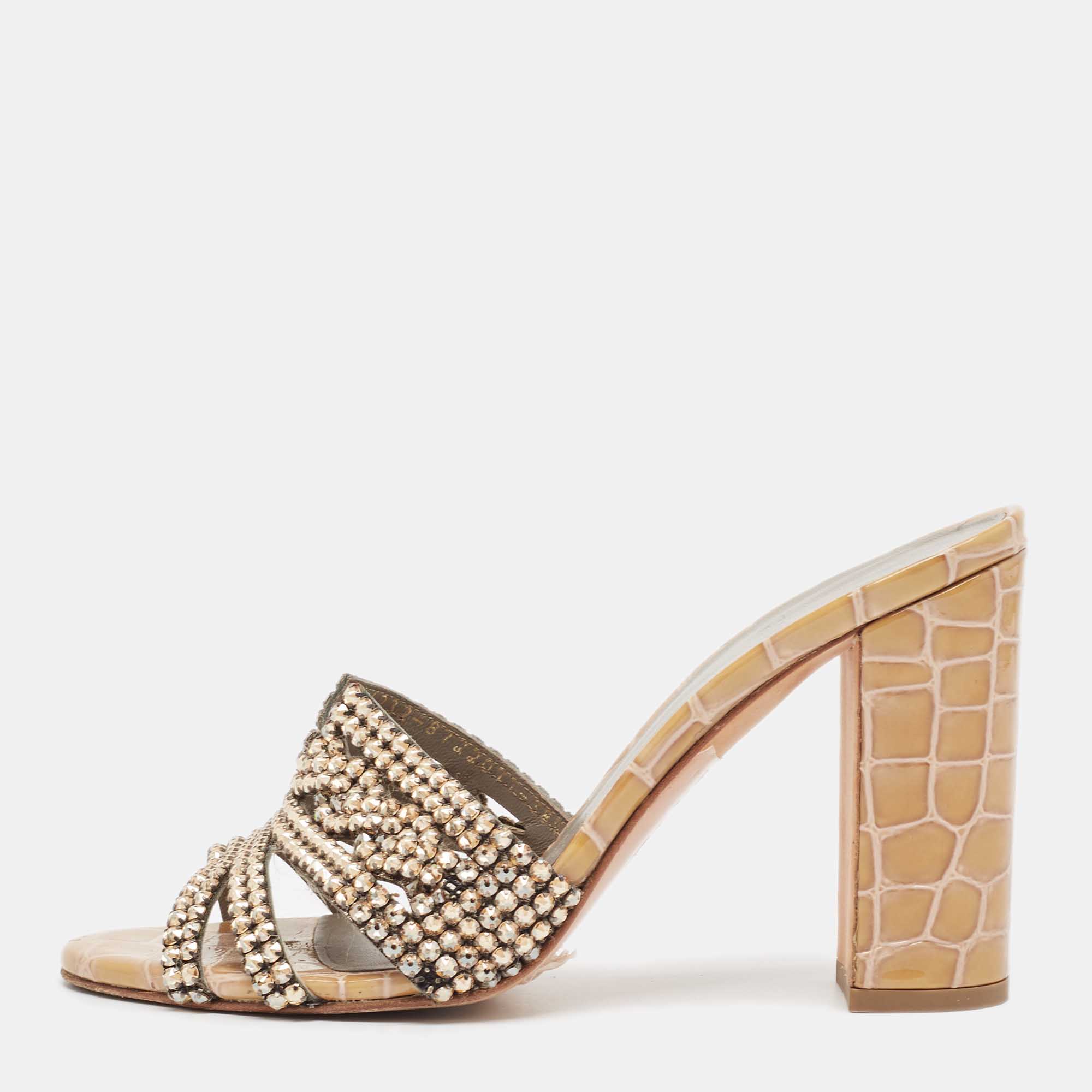 Pre Owned Gina Gold Crystal Embellished Leather Slide Sandals Size 38.5