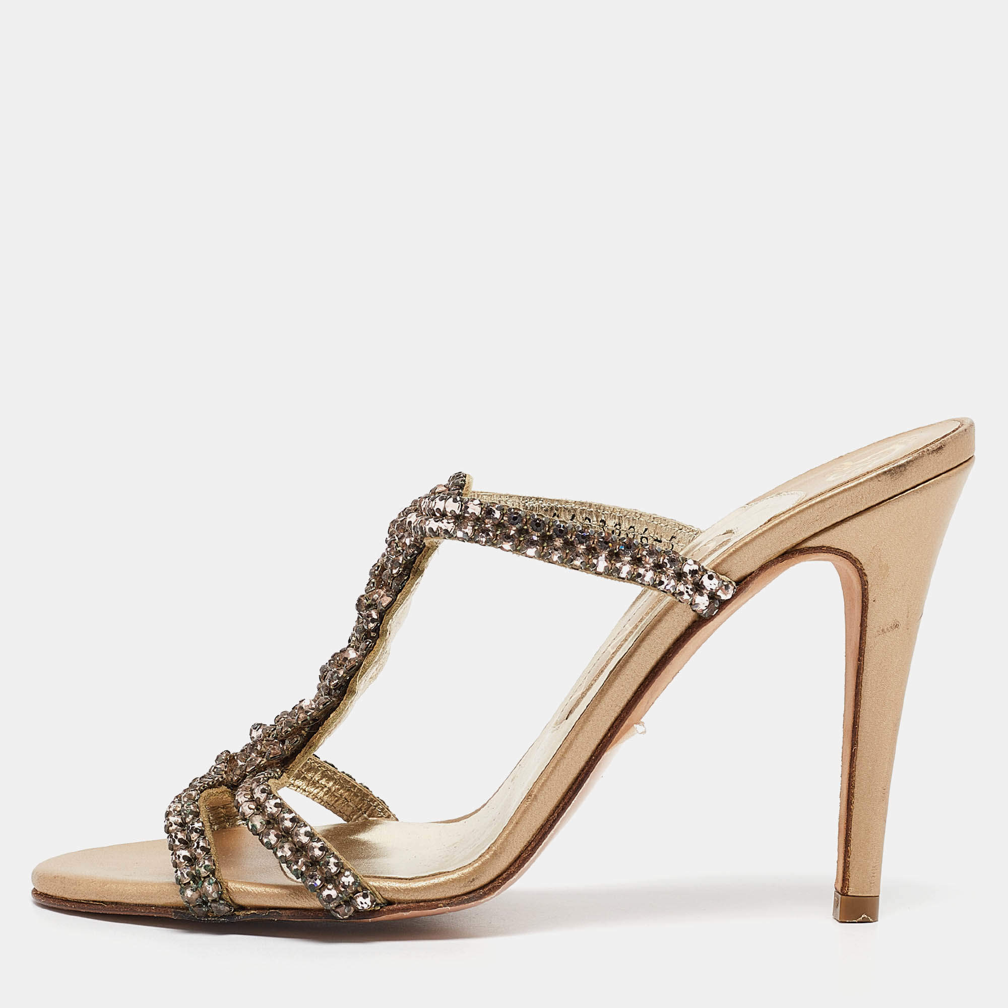 Pre Owned Gina Pink/Gold Crystal Embellished Leather Slide Sandals Size 38