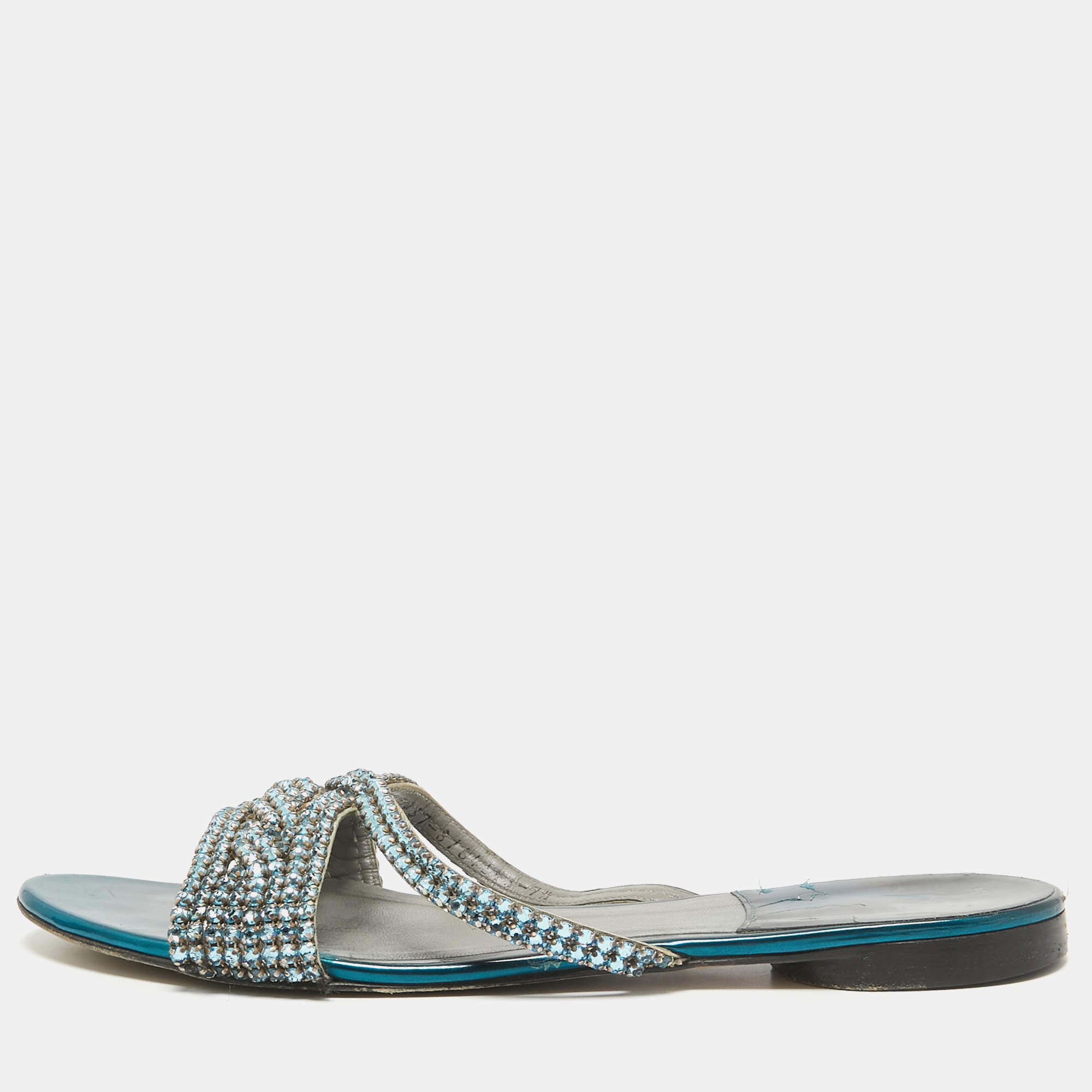 Gina Blue Leather Crystal Embellished Flat Sandals Size 40.5