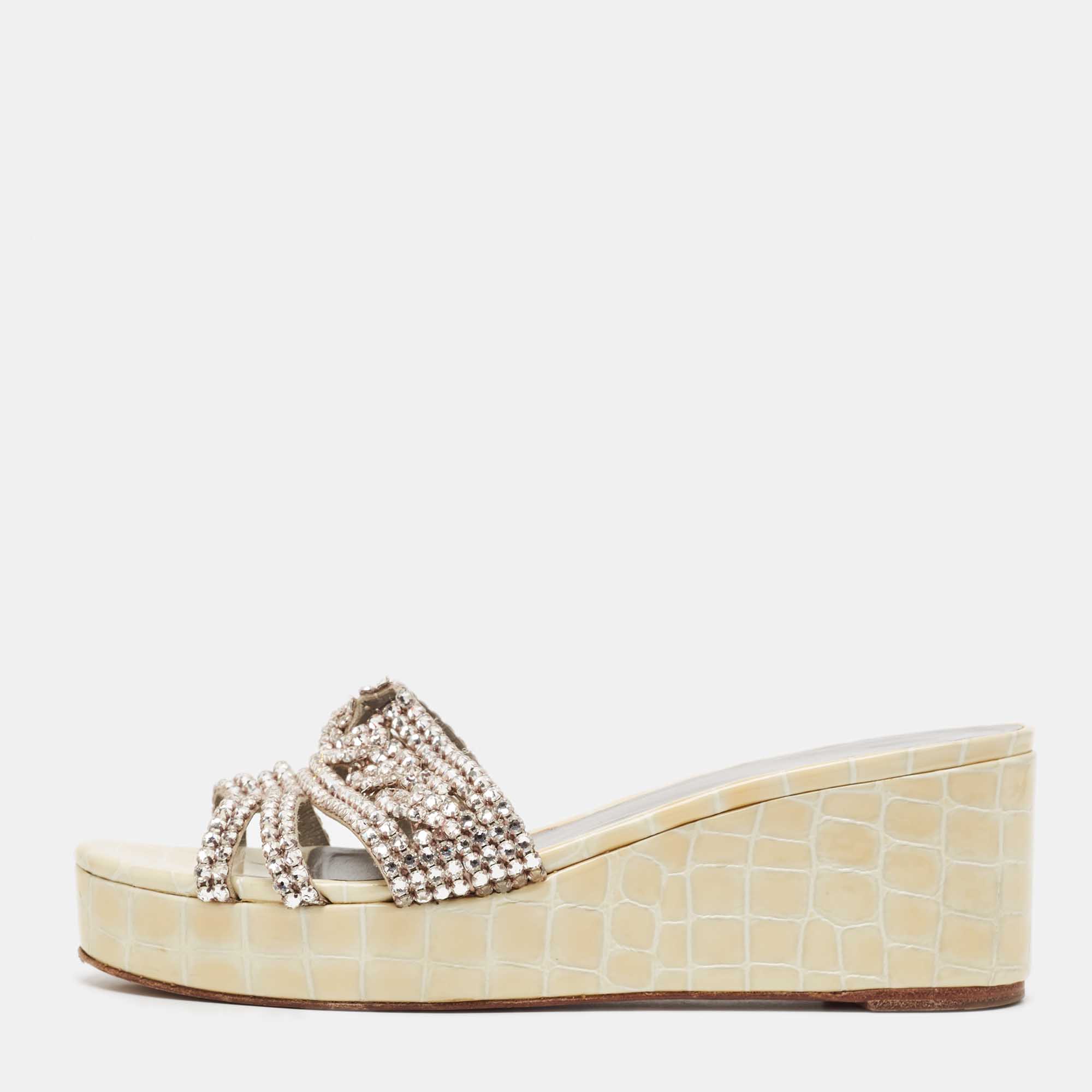Gina Cream Croc Embossed Patent and Leather Wedge Sandals Size 39.5