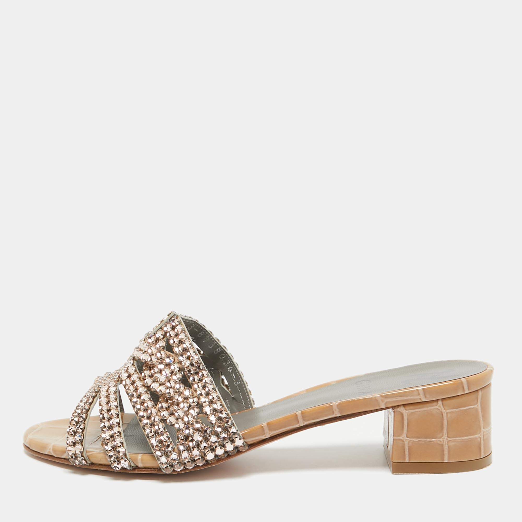 Pre Owned Gina Beige Leather Crystal Embellished Slide Sandals Size 36
