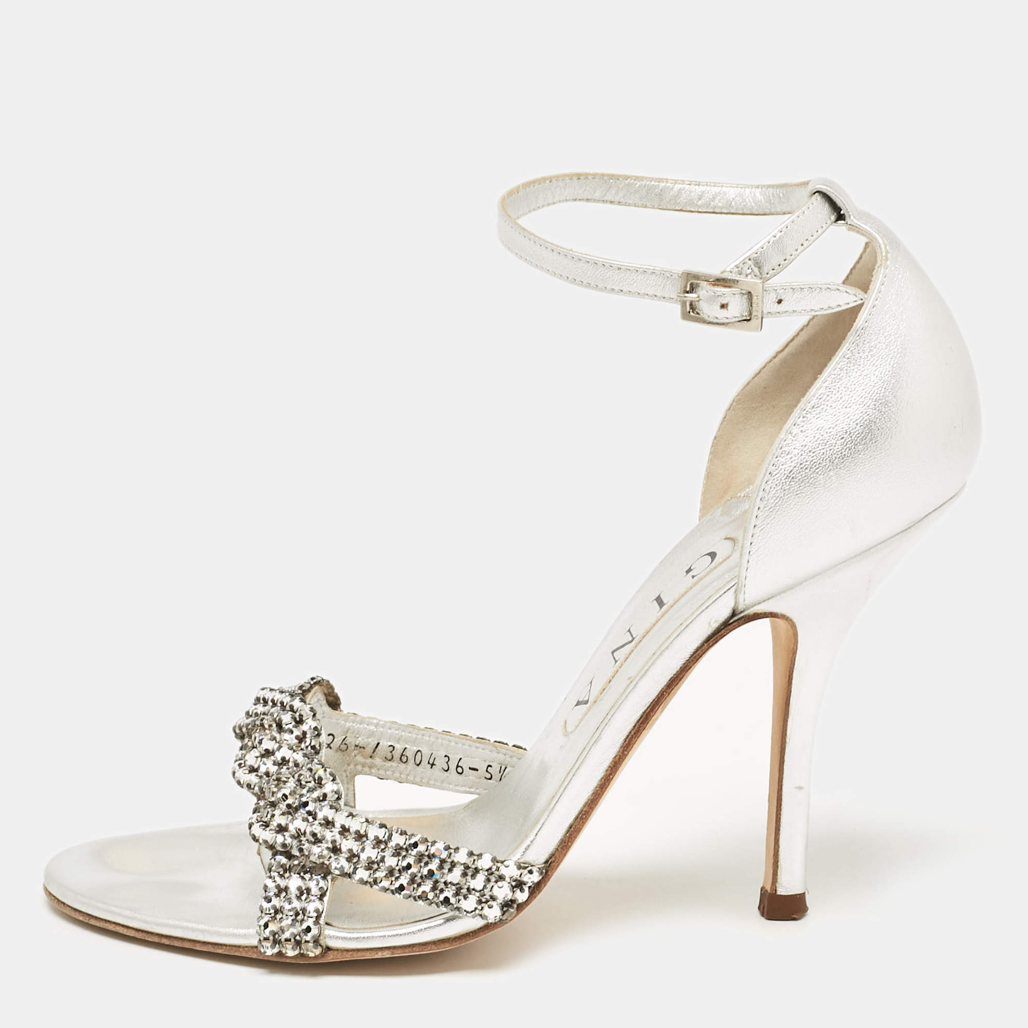 Gina Silver Leather Crystal Embellished Ankle Strap Sandals Size 38.5