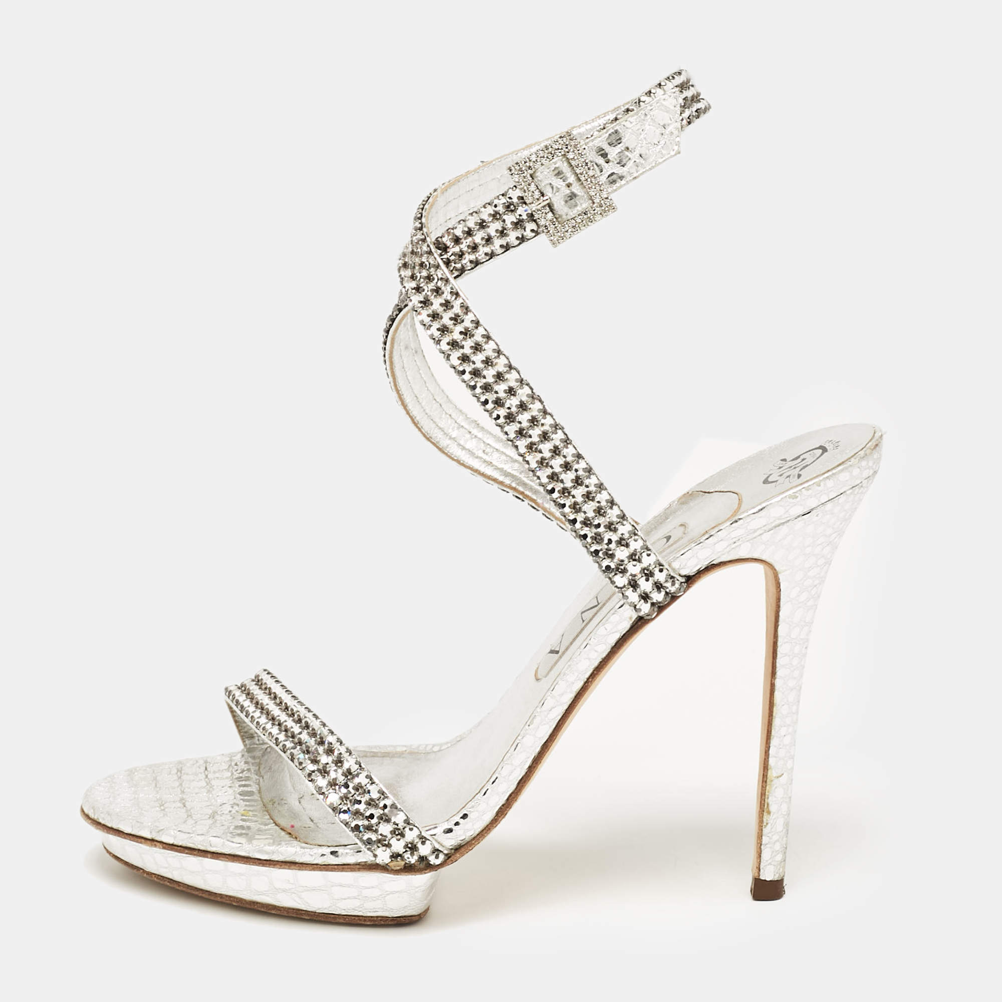 Gina Grey Leather Crystal Embellished Ankle Strap Sandals Size 40