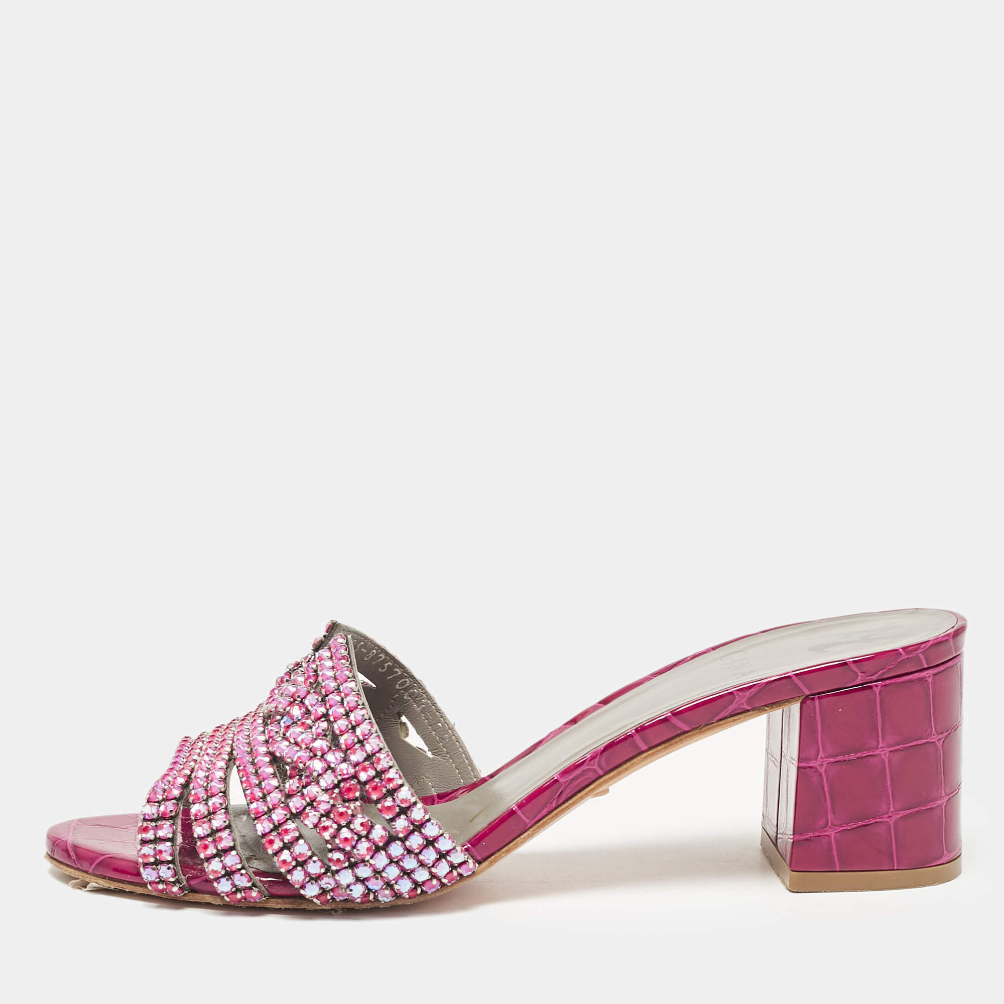 مملوكة مسبقًا Gina Purple Crystal Embellished Leather Slide Sandals Size 38