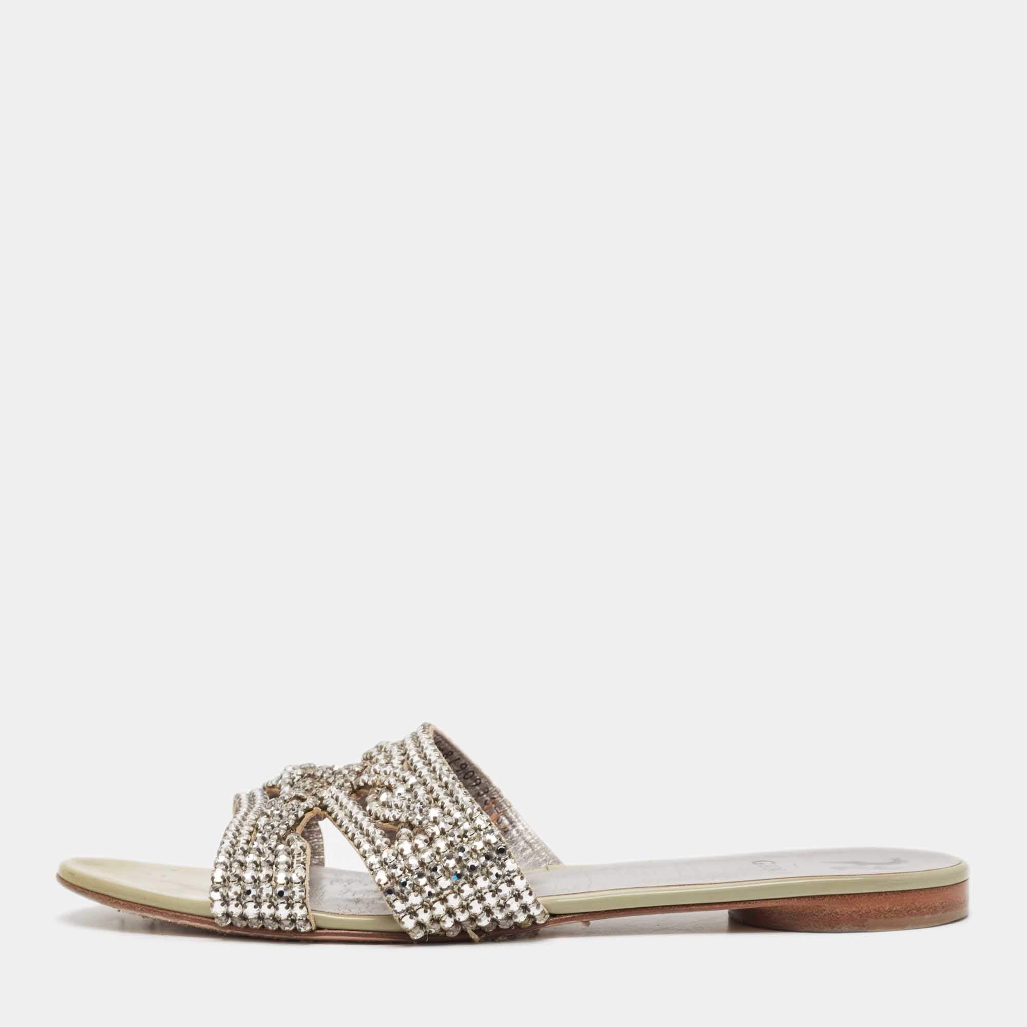 Pre Owned Gina Silver Leather Crystal Embellished Leather Loren Flat Sandals Size 41.5