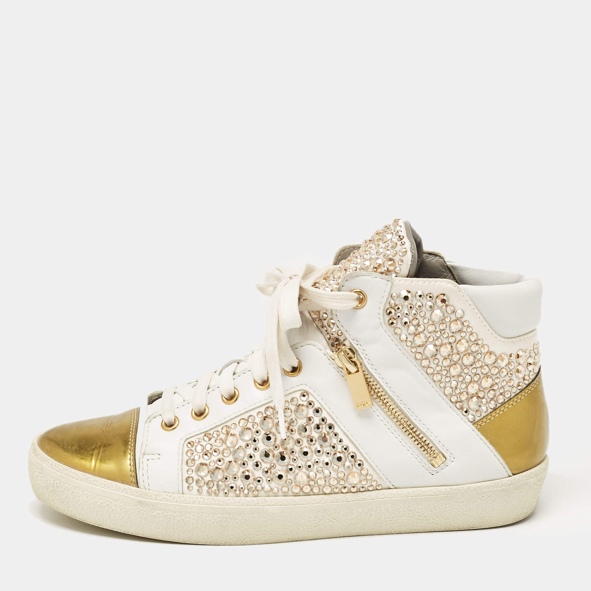 Gina White/Gold Leather Crystal Embellished High Top Sneakers Size 39