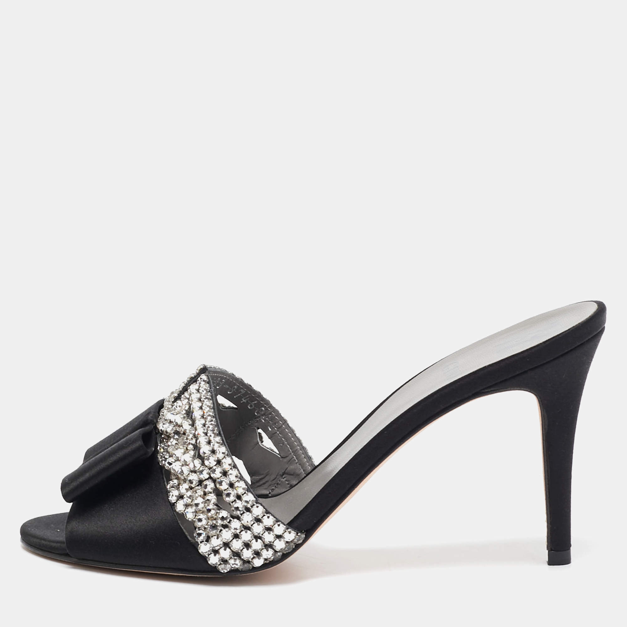 Pre Owned Gina Black Satin Crystal Embellished Slide Sandals Size 38