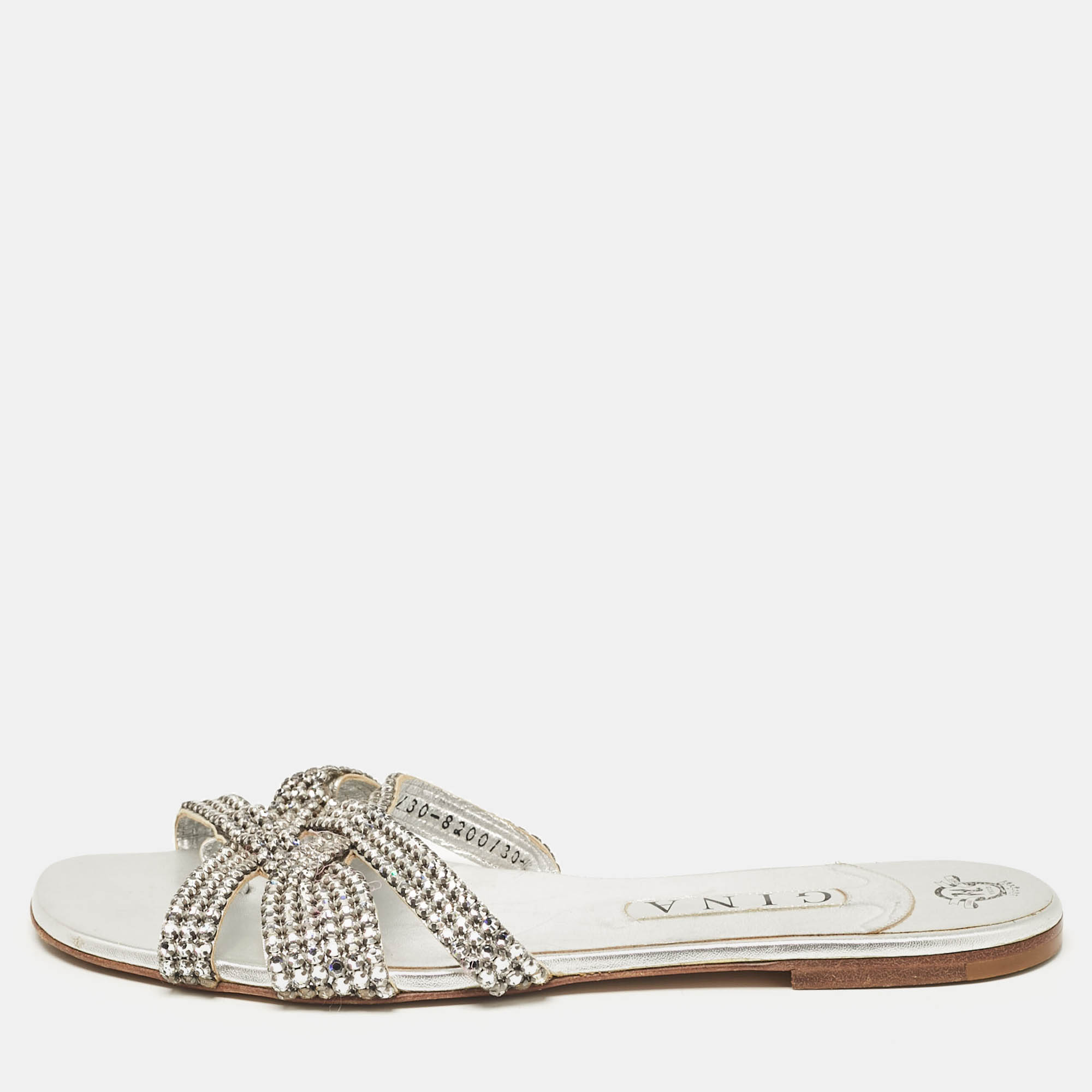 مملوكة مسبقًا Gina Silver Leather Crystal Embellished  Flat Sandals Size 41.5