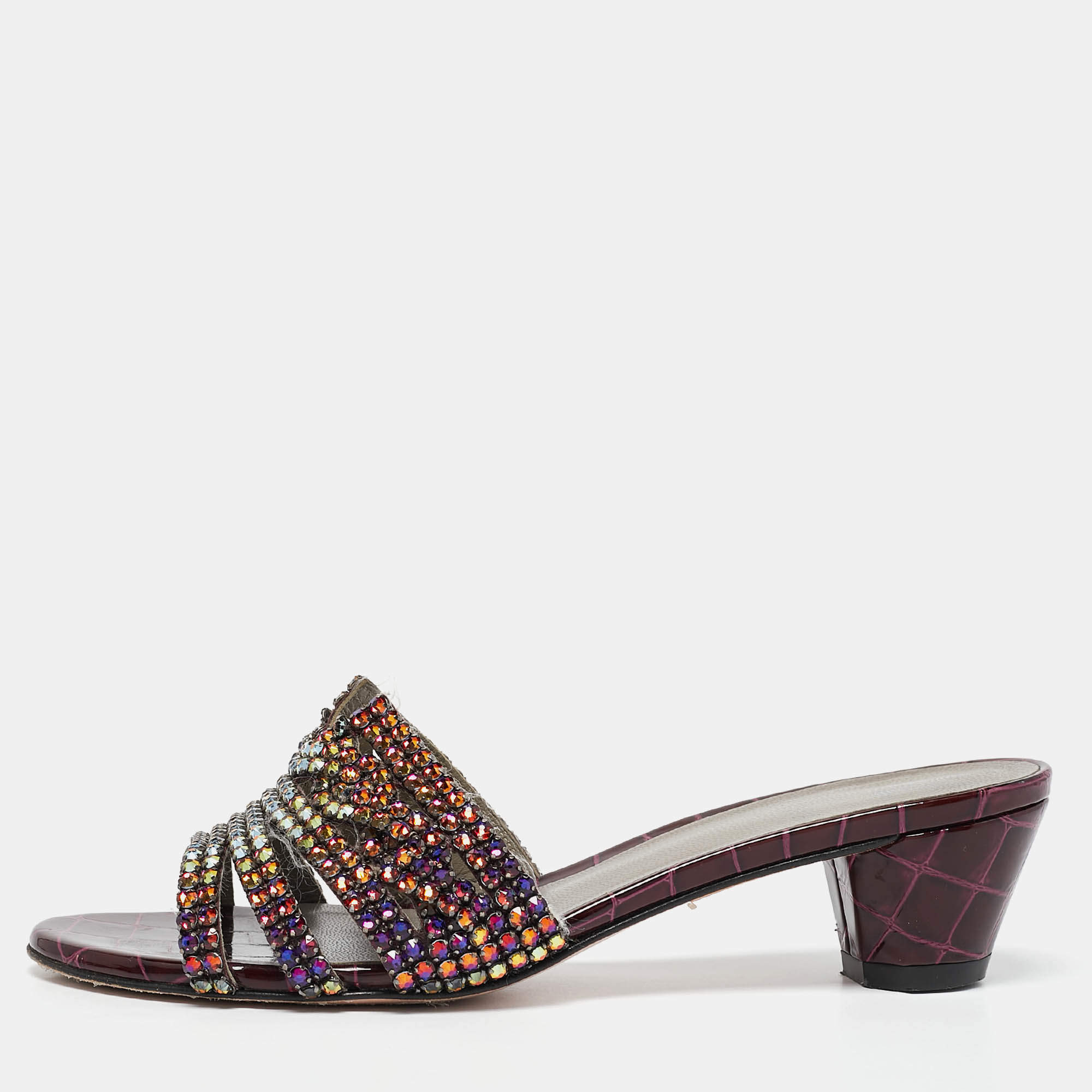Gina Purple Leather Crystal Embellished Slide Sandals Size 38