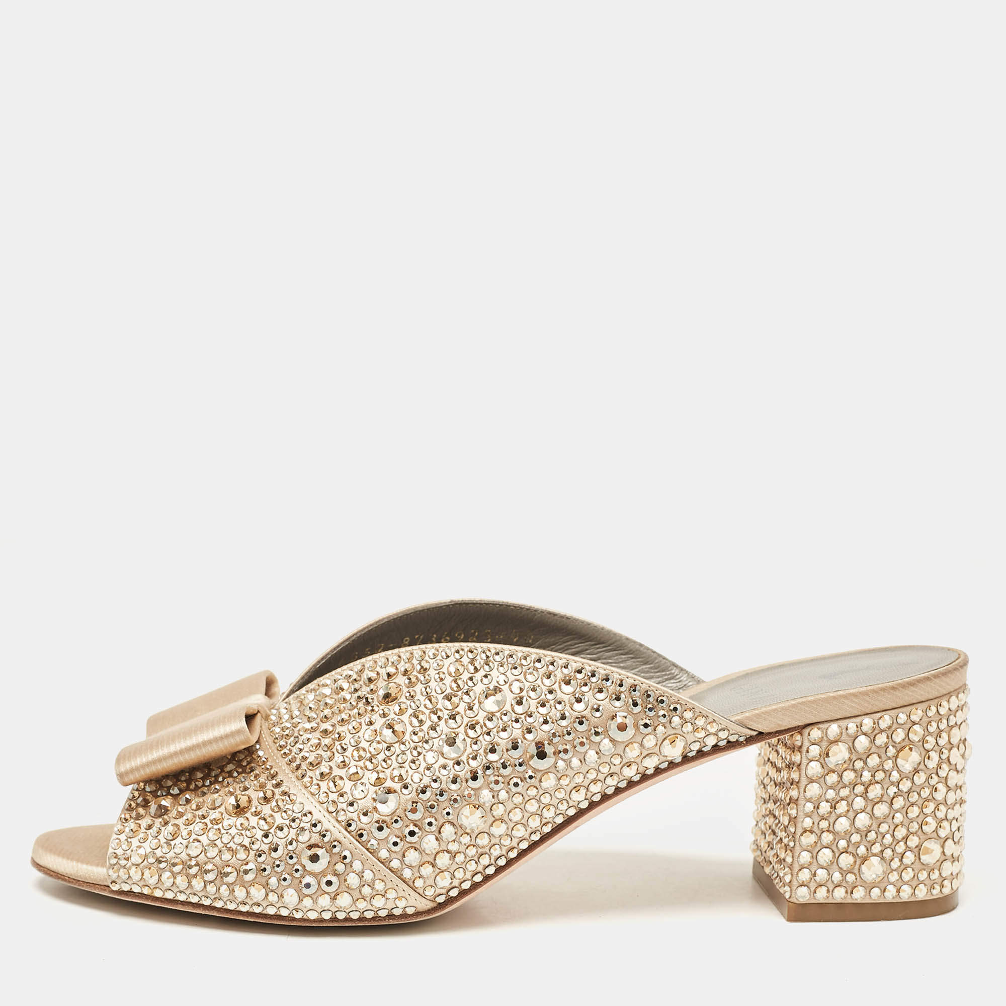 Pre Owned Gina Gold Satin Crystal Embellished Bourdin Mules Size 40