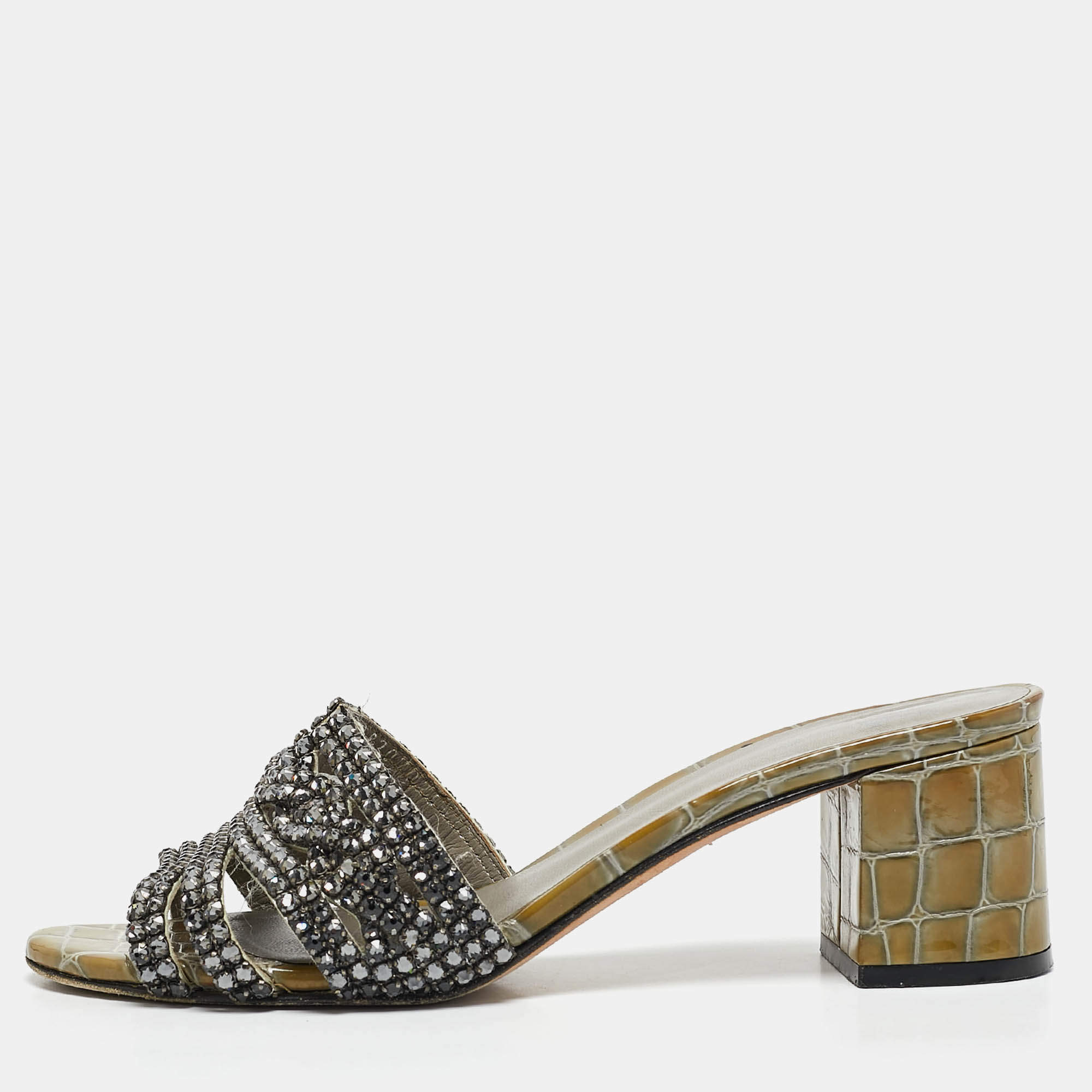 مملوكة مسبقًا Gina Green Croc Embossed Leather and Leather Crystal Embellished Slide Sandals Size 37