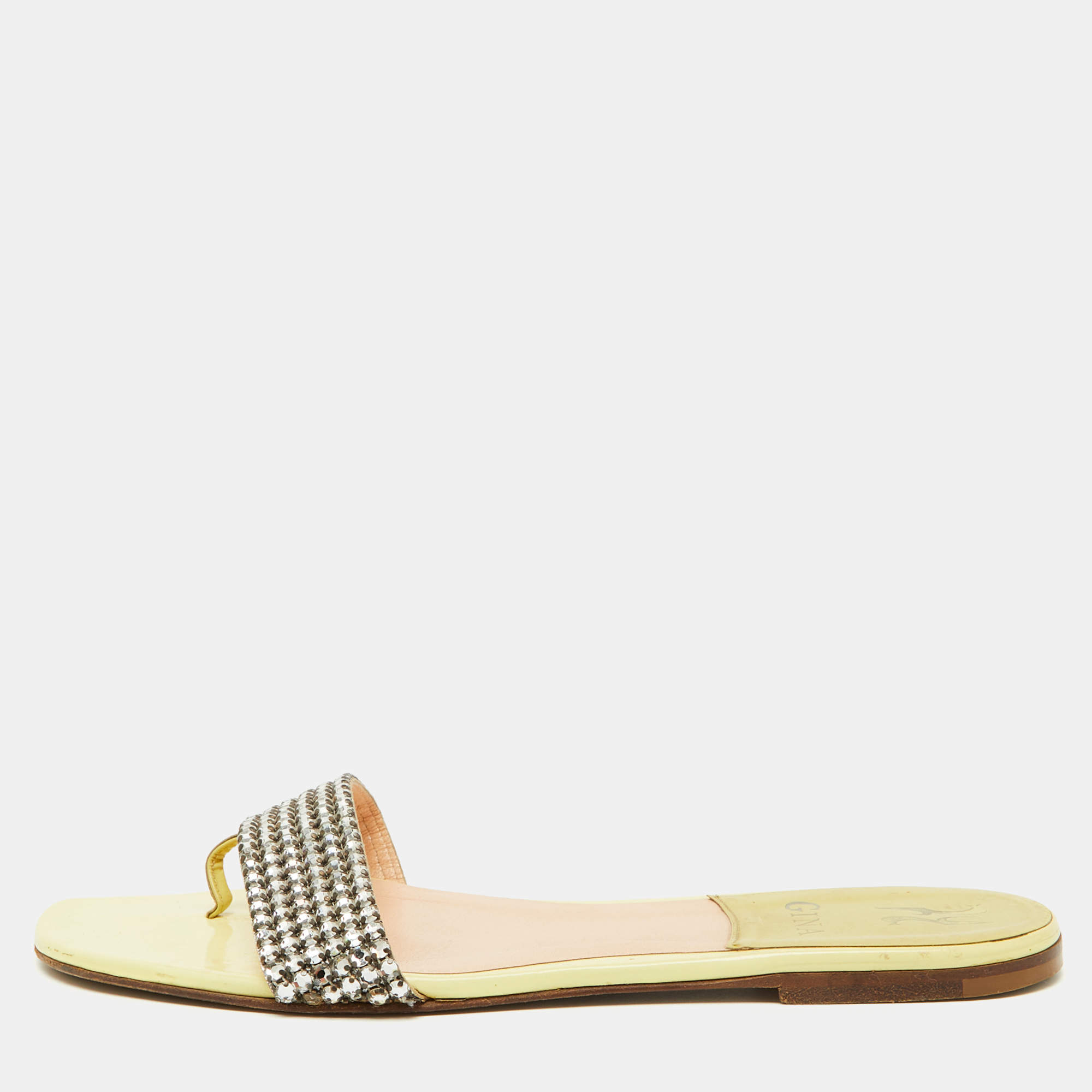 مملوكة مسبقًا Gina Yellow Crystal Embellished Leather Flat Sandals Size 38.5
