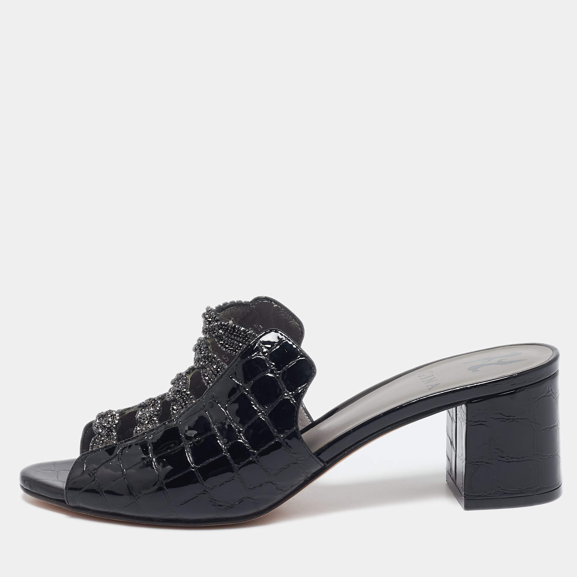 Pre Owned Gina Black Croc Embossed Patent Leather Crystal Block Heel Slide Sandals Size 38.5