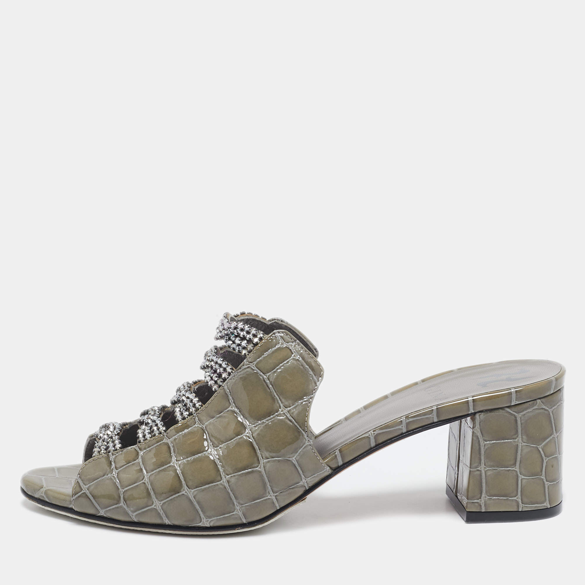 Pre Owned Gina Green Croc Embossed Patent Leather Block Heel Sandals Size 38.5