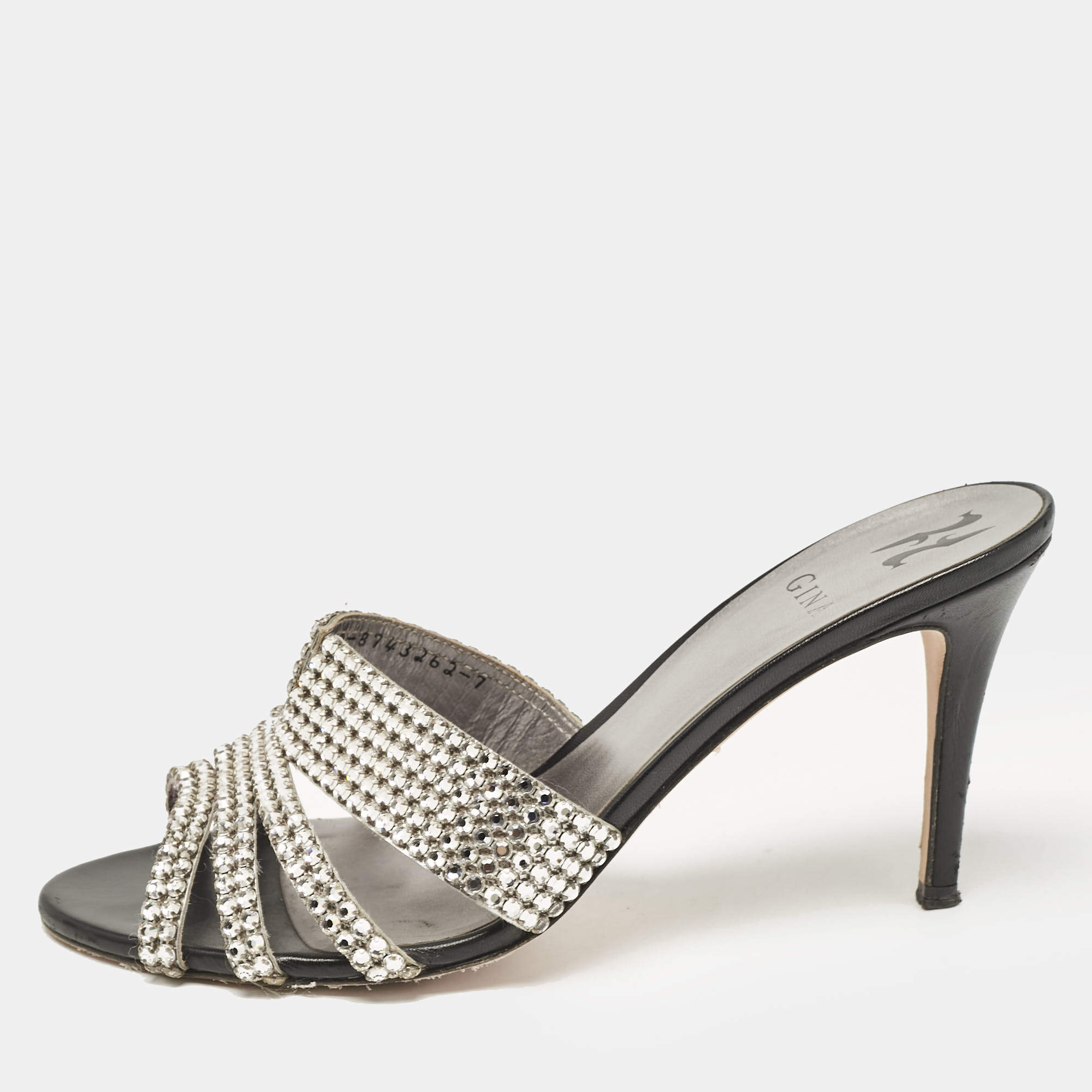 Pre Owned Gina Silver Crystal Embellished Leather Open Toe Sandals Size 40