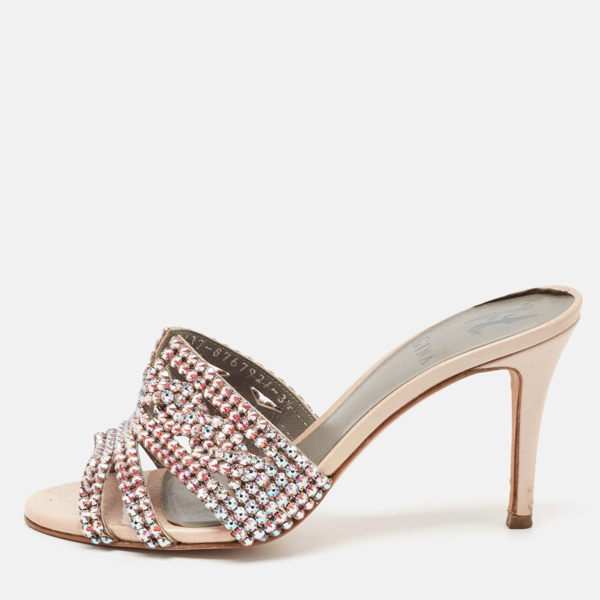 Gina Beige Leather Crystal Embellished Slide Sandals Size 36.5