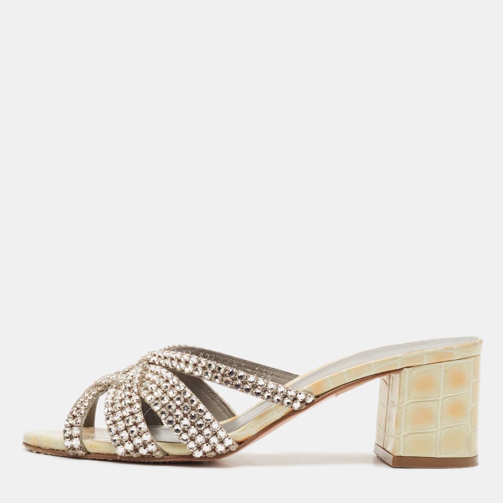 Pre Owned Gina Cream Croc Embossed Patent Leather Crystal Embellished Slide Sandals Size 36.5