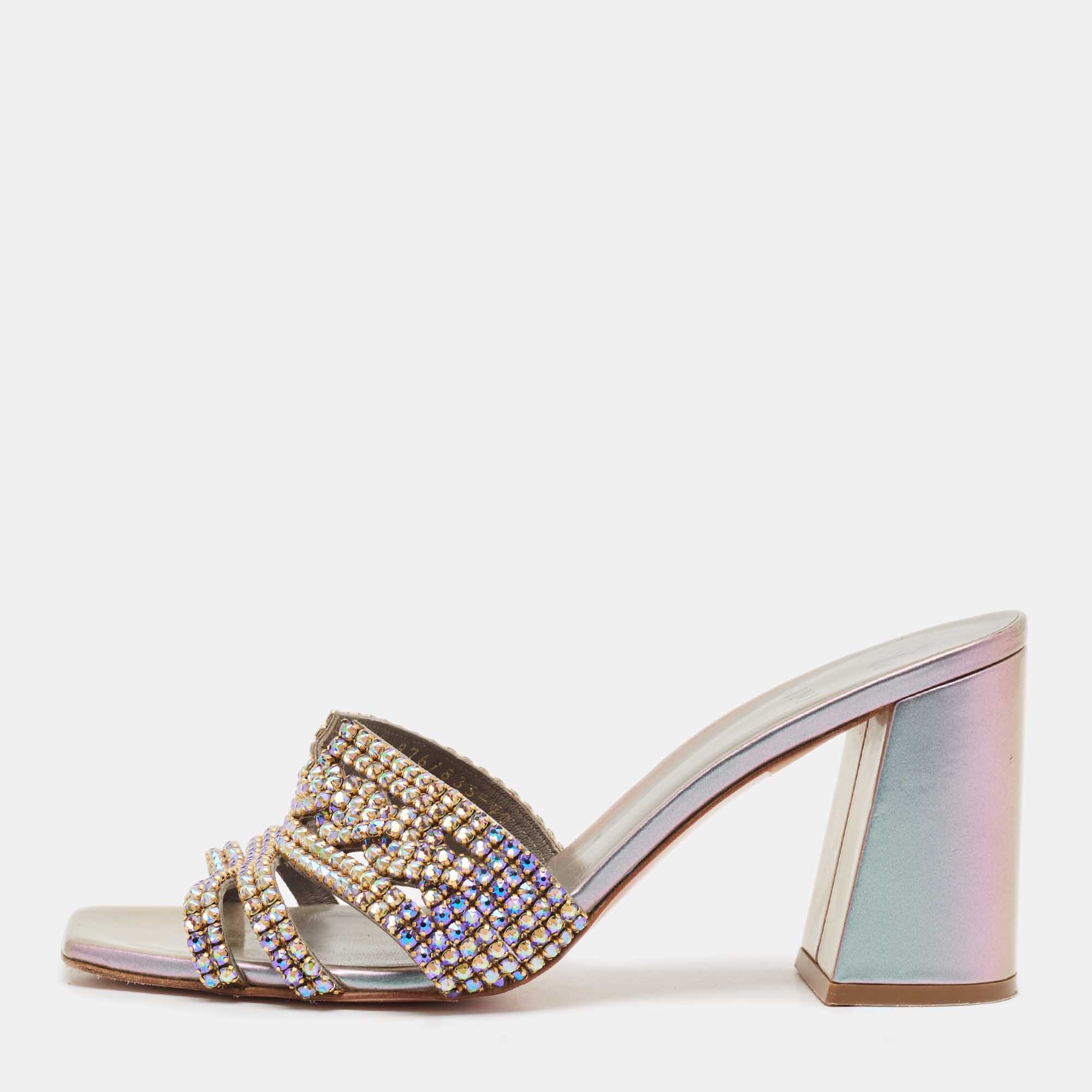مملوكة مسبقًا Gina Silver Leather Crystal Embellished Gabriella Slide Sandals Size 40