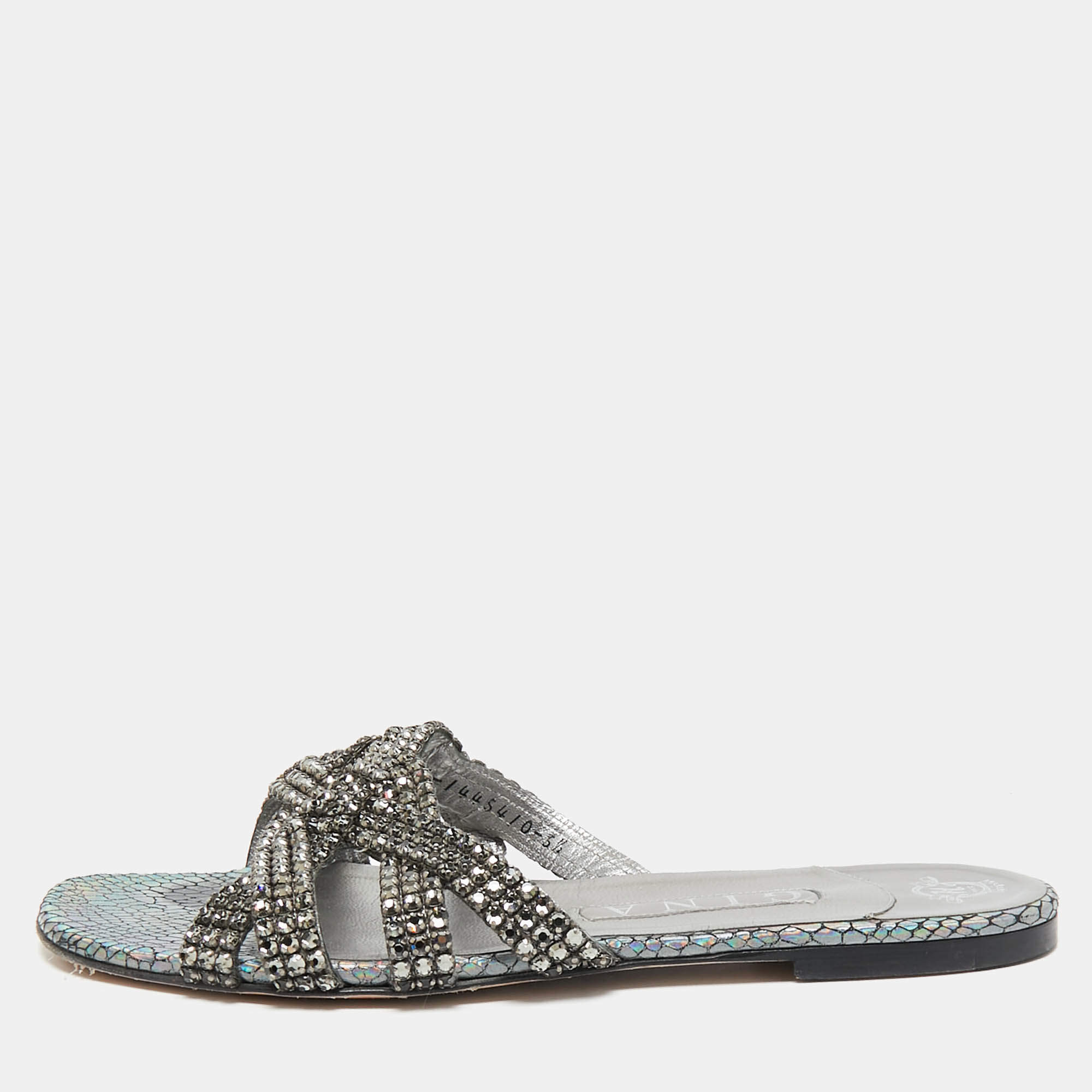 Pre Owned Gina Silver Croc Embossed Leather Crystals Flat Slides Size 38.5