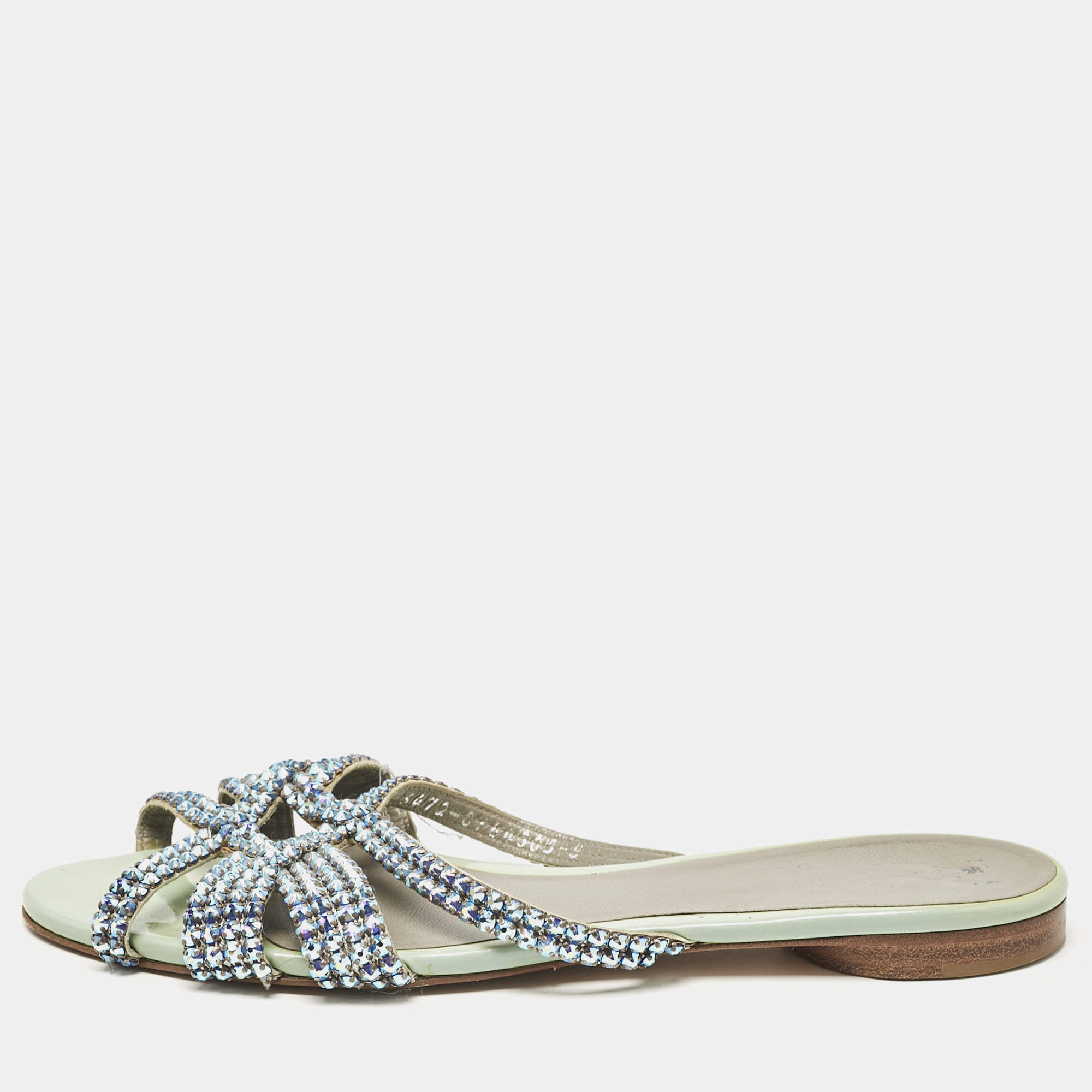 Pre Owned Gina Blue Patent Leather Crystals Flat Slides Size 38