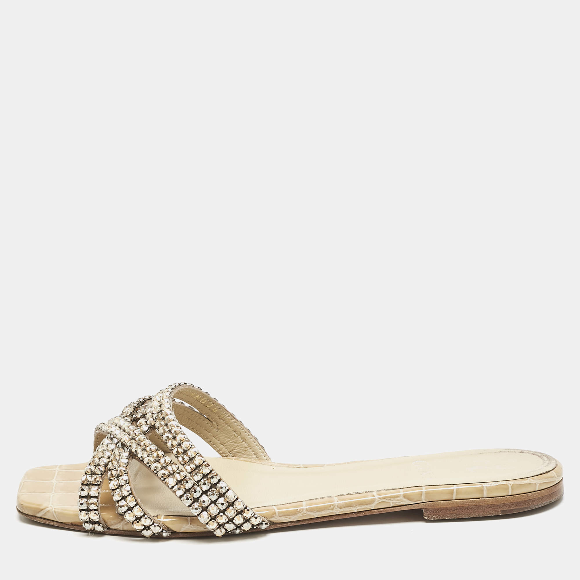 Gina Cream Croc Embossed Patent Leather Portland Slide Flats Size 37.5