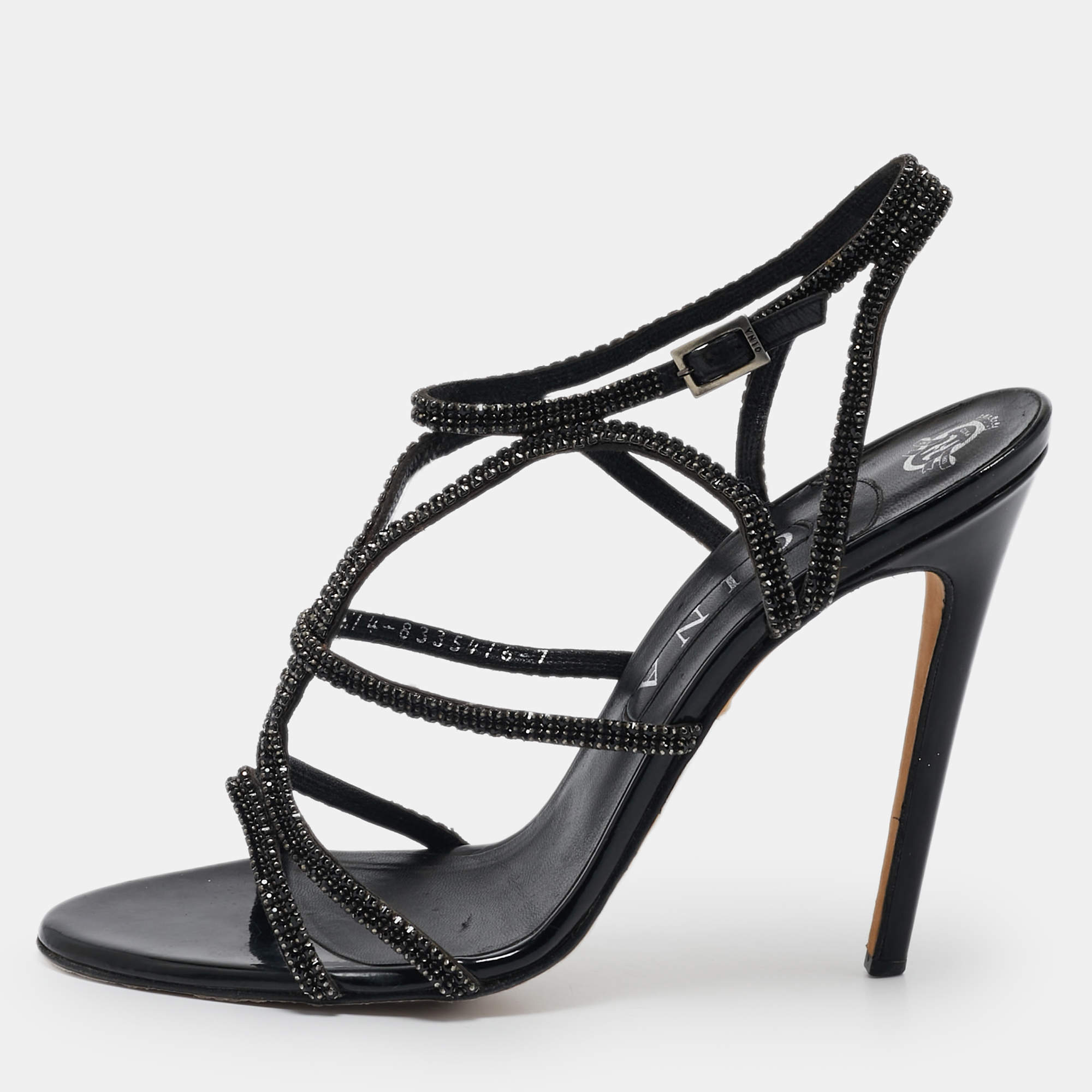 Gina Black Leather Crystal Embellished Ankle Strap Sandals Size 40