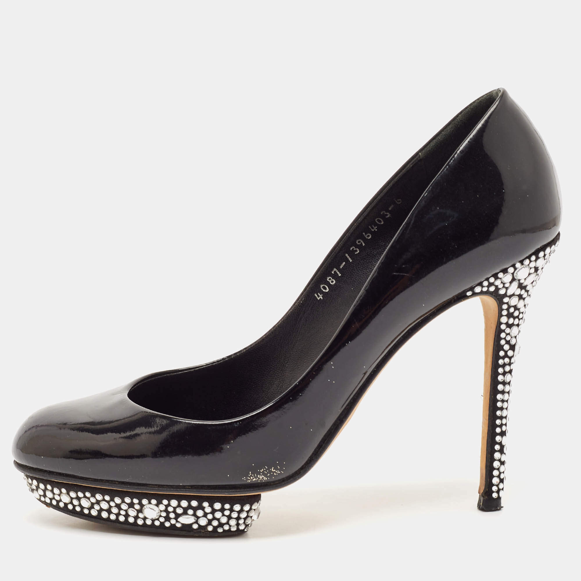 Gina Black Patent Leather Crystal Embellished Heel Platform Pumps Size 39